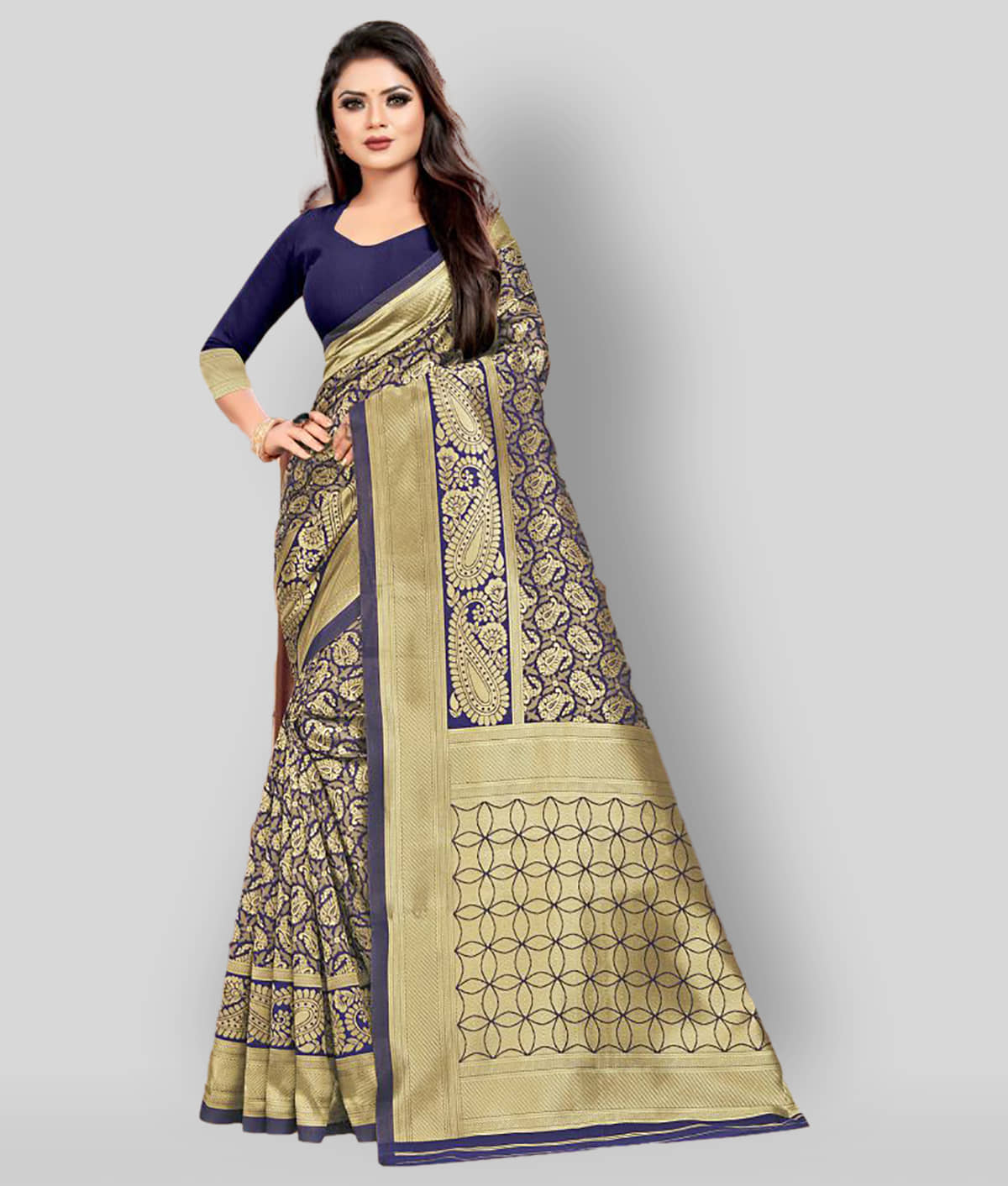 Gazal Fashions Banarasi Silk Saree With Unstitched Blouse Piece ( Blue ) - Sarees | Buy online on ZillyBuy