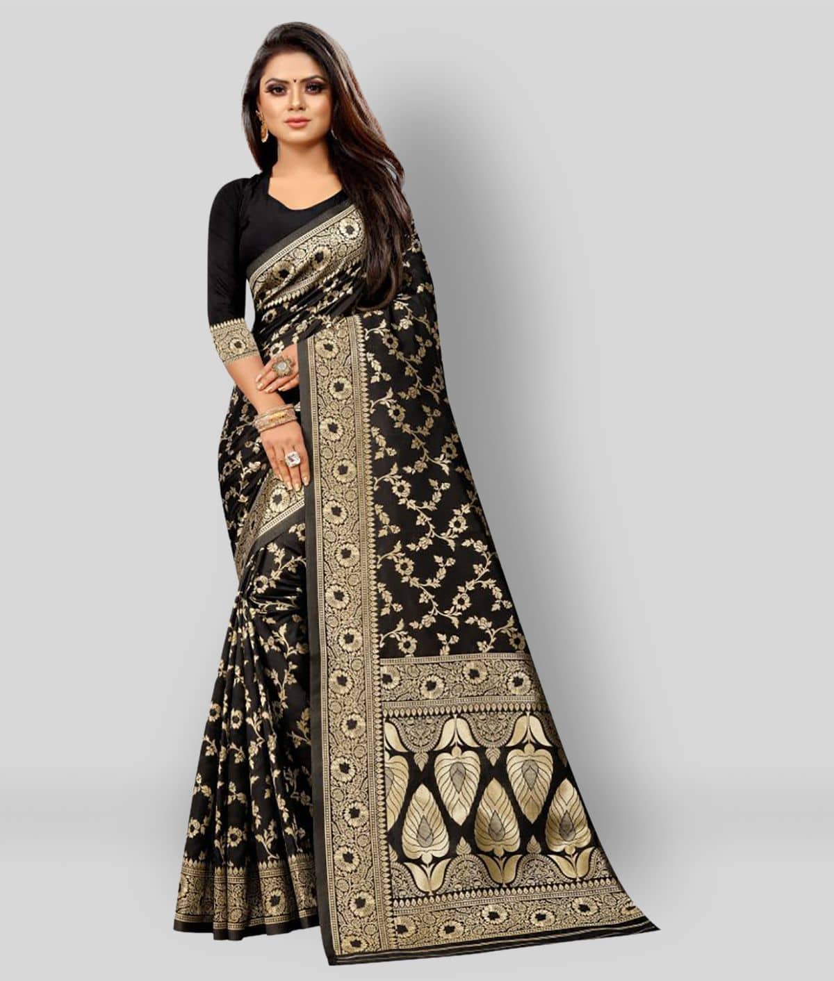 Gazal Fashions Banarasi Silk Embroidered Saree With Unstitched Blouse Piece ( Multicolor ) - Sarees | Buy online on ZillyBuy