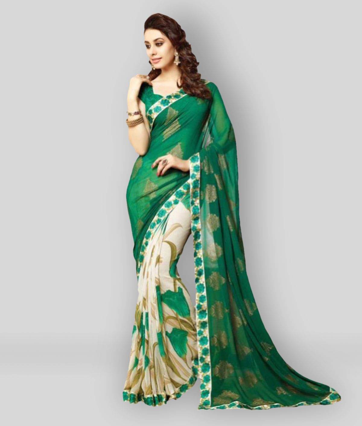     			Gazal Fashions Chiffon Saree With Unstitched Blouse Piece ( Green,Beige )