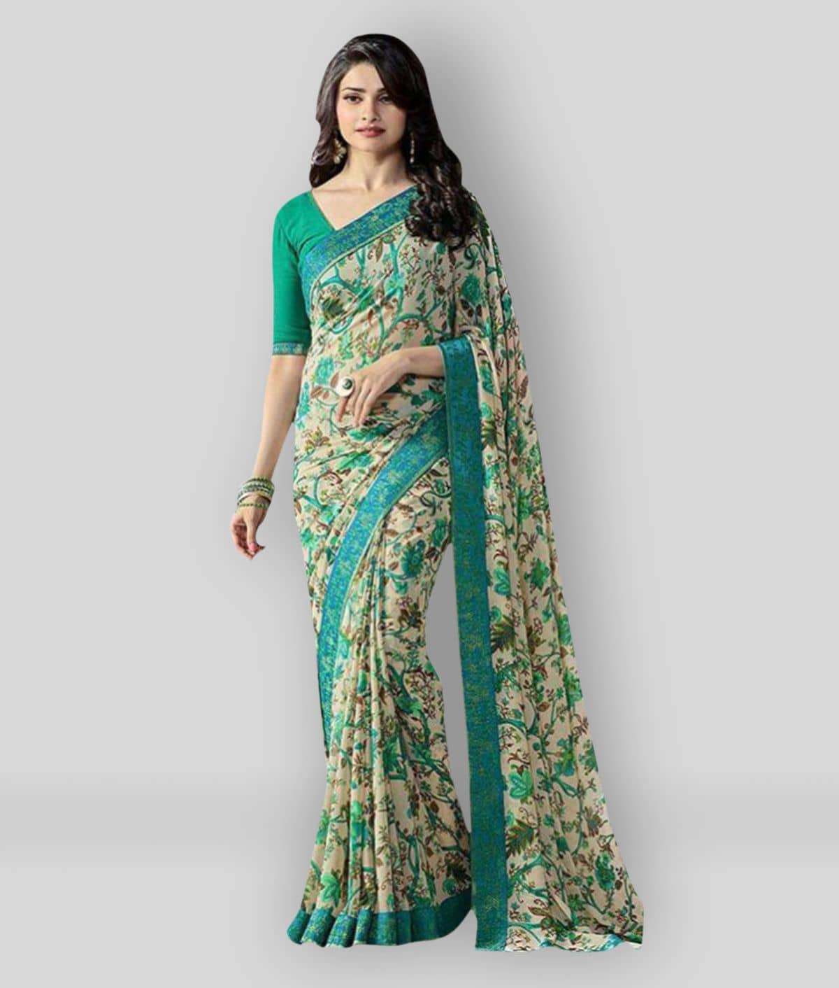 Gazal Fashions Cotton Blend Printed Saree With Unstitched Blouse Piece ( Multicolor ) - Sarees | Buy online on ZillyBuy