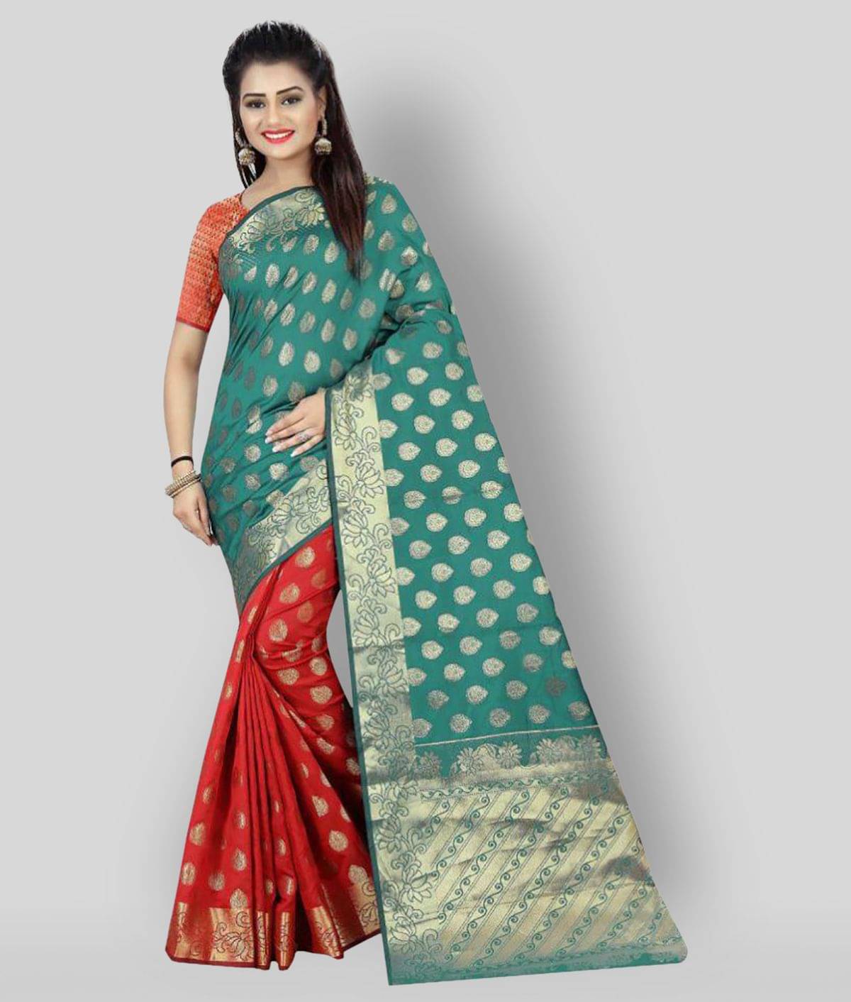     			Gazal Fashions Silk Saree With Unstitched Blouse Piece ( Green,Grey )