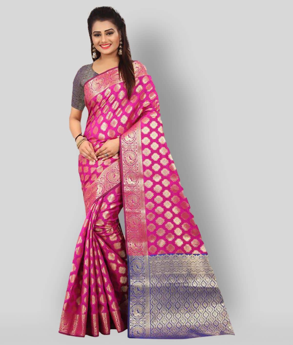 Gazal Fashions Silk Saree With Unstitched Blouse Piece ( Pink,Grey ) - Sarees | Buy online on ZillyBuy