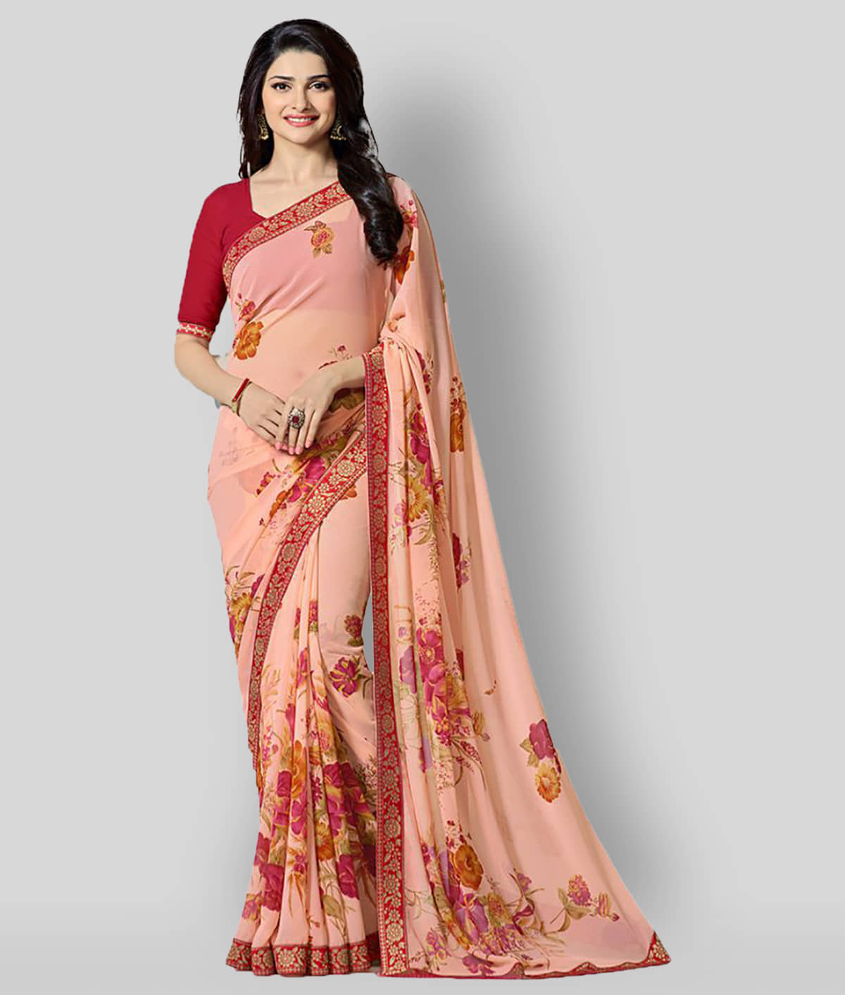 Gazal Fashions Chiffon Printed Saree With Unstitched Blouse Piece ( Peach ) - Sarees | Buy online on ZillyBuy