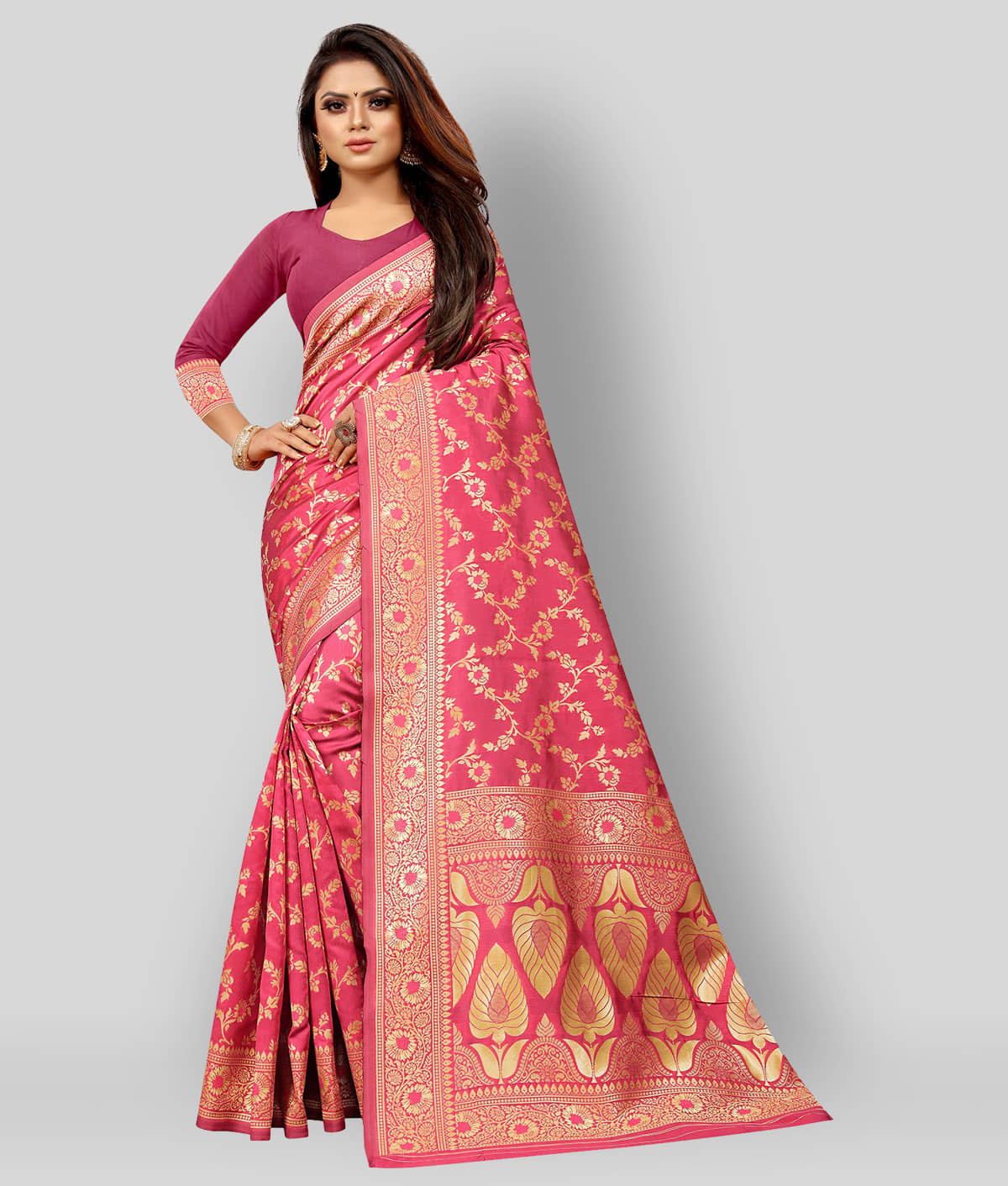Gazal Fashions Banarasi Silk Embellished Saree With Unstitched Blouse Piece ( Pink ) - Sarees | Buy online on ZillyBuy