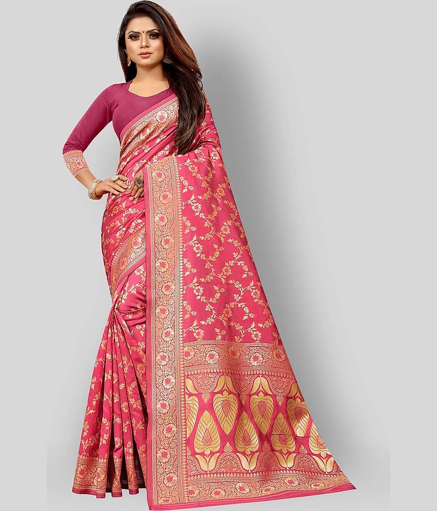 Gazal Fashions Banarasi Silk Embellished Saree With Unstitched Blouse Piece ( Pink ) - Sarees | Buy online on ZillyBuy