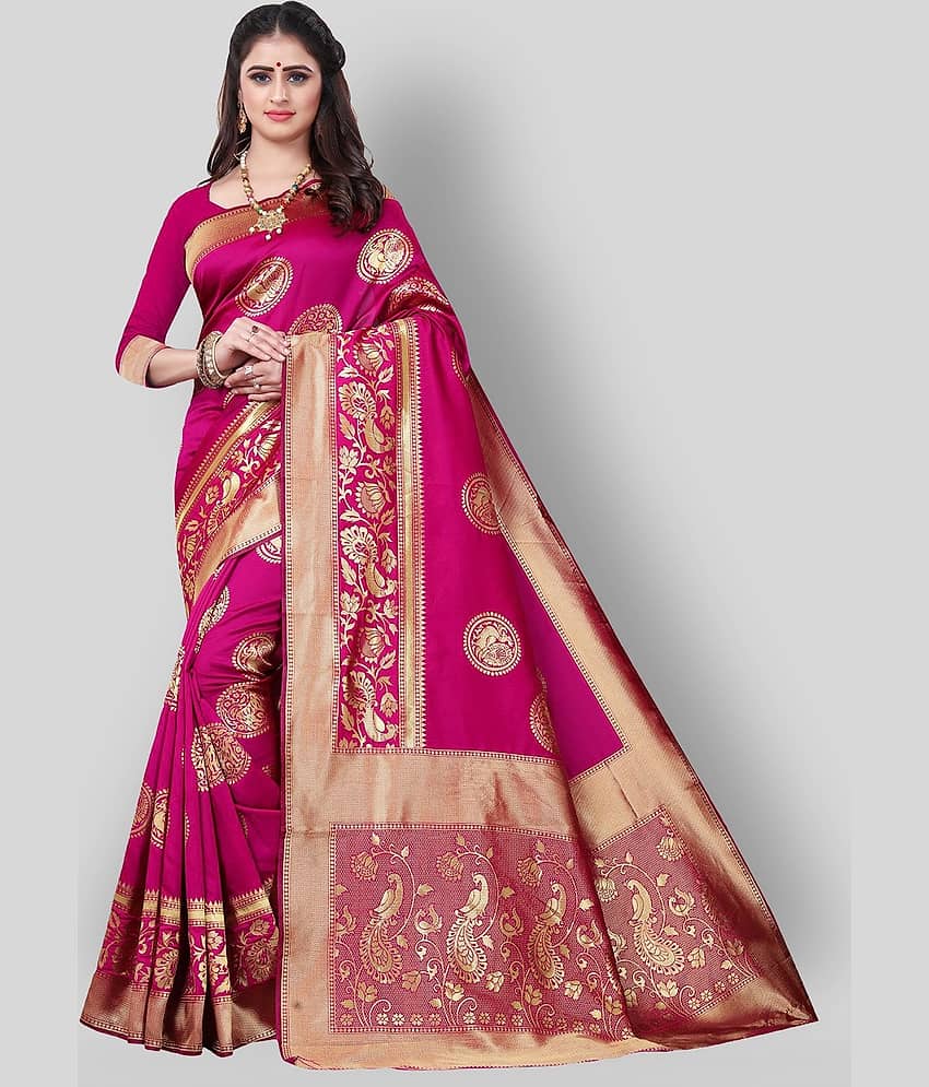 Gazal Fashions Banarasi Silk Saree With Unstitched Blouse Piece ( Pink ) - Sarees | Buy online on ZillyBuy