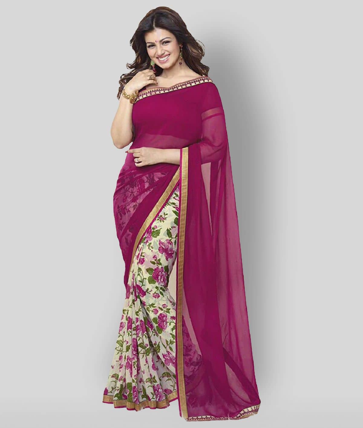 Gazal Fashions Chiffon Saree With Unstitched Blouse Piece ( Pink ) - Sarees | Buy online on ZillyBuy