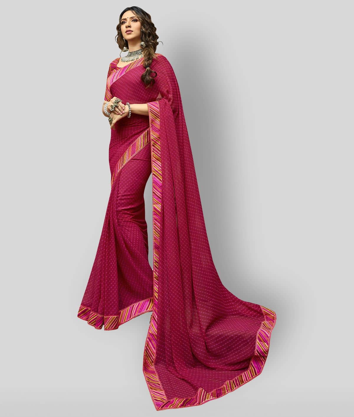 Gazal Fashions Chiffon Printed Saree With Unstitched Blouse Piece ( Pink ) - Sarees | Buy online on ZillyBuy