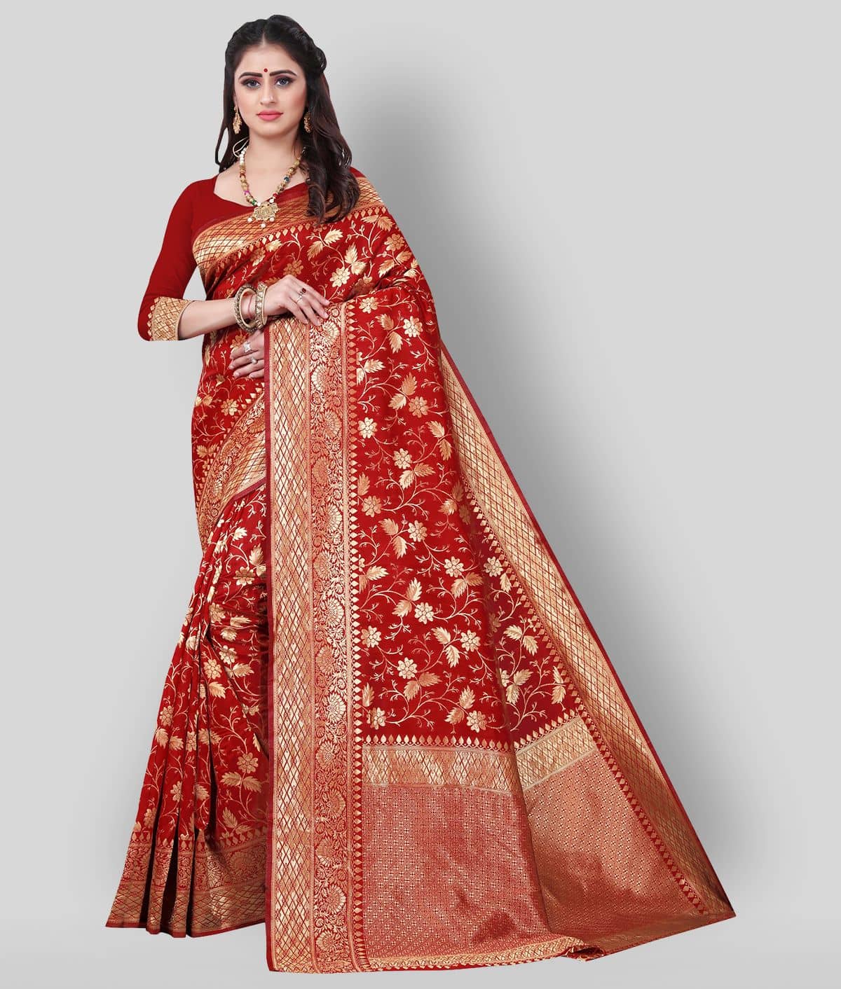 Gazal Fashions Banarasi Silk Saree With Unstitched Blouse Piece ( Red ) - Sarees | Buy online on ZillyBuy