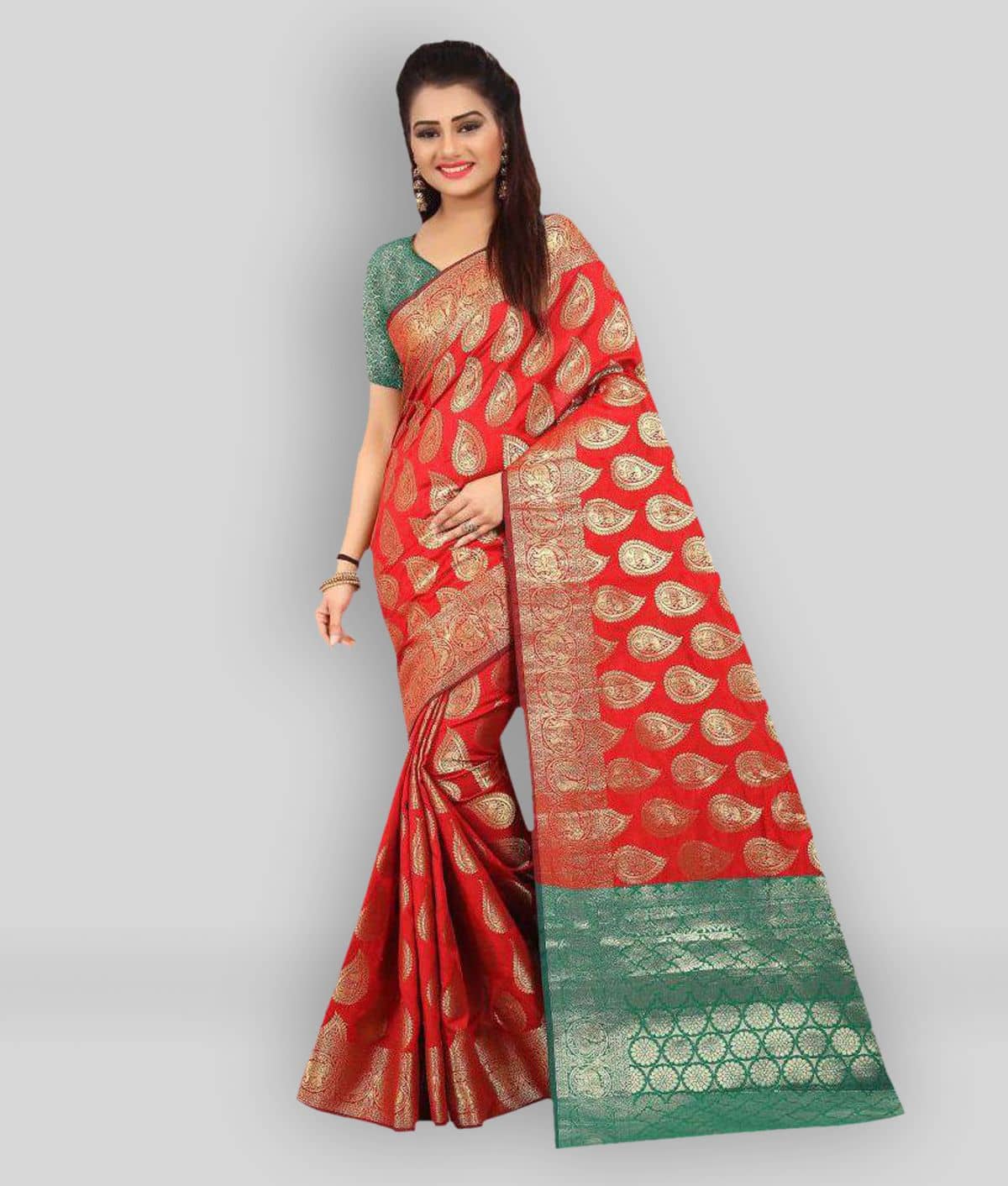 Gazal Fashions Silk Printed Saree With Unstitched Blouse Piece ( Red ) - Sarees | Buy online on ZillyBuy