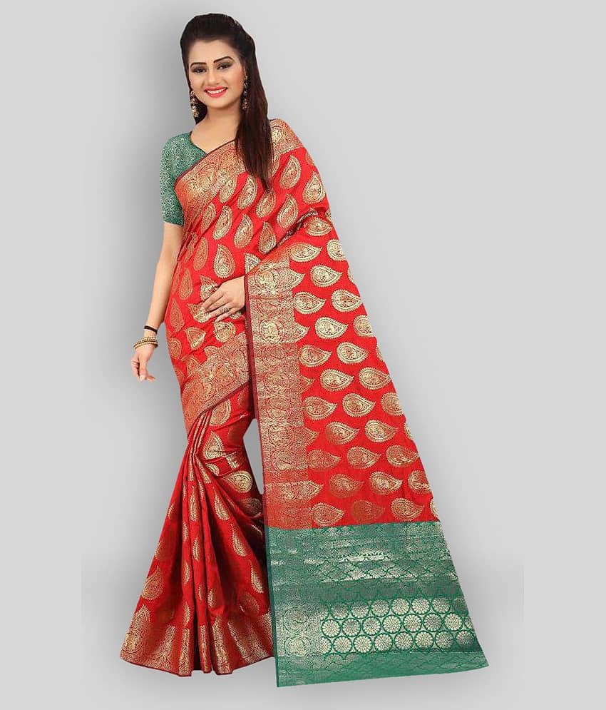 Gazal Fashions Silk Printed Saree With Unstitched Blouse Piece ( Red ) - Sarees | Buy online on ZillyBuy