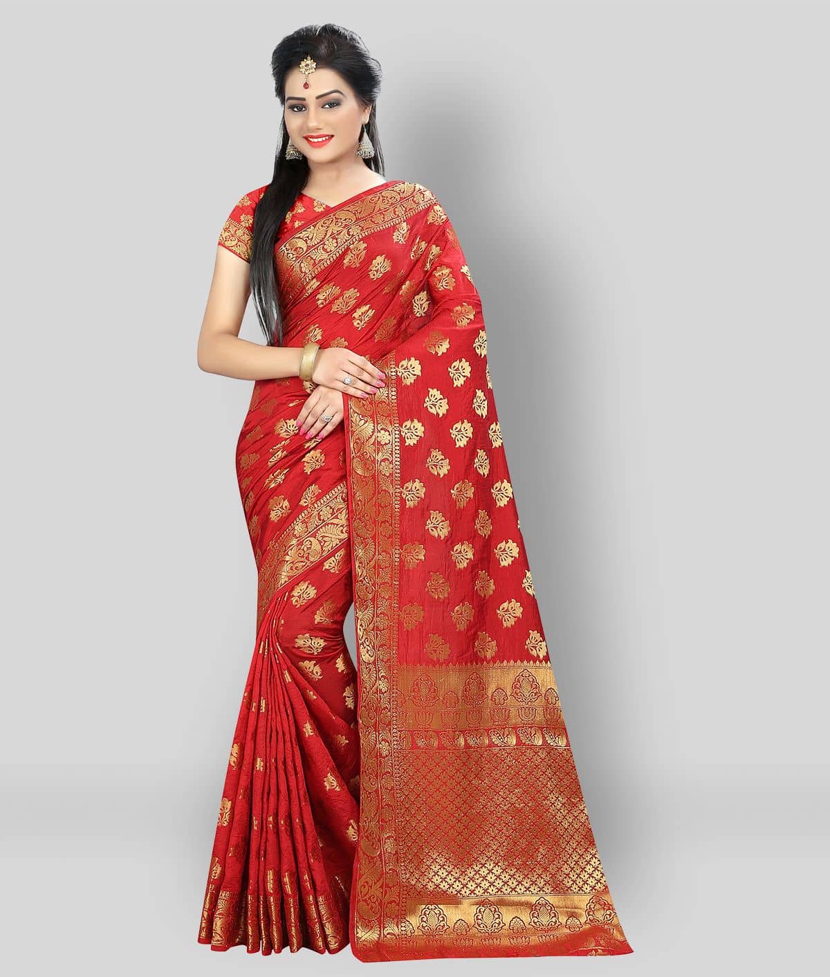 Gazal Fashions Banarasi Silk Printed Saree With Unstitched Blouse Piece ( Red ) - Sarees | Buy online on ZillyBuy