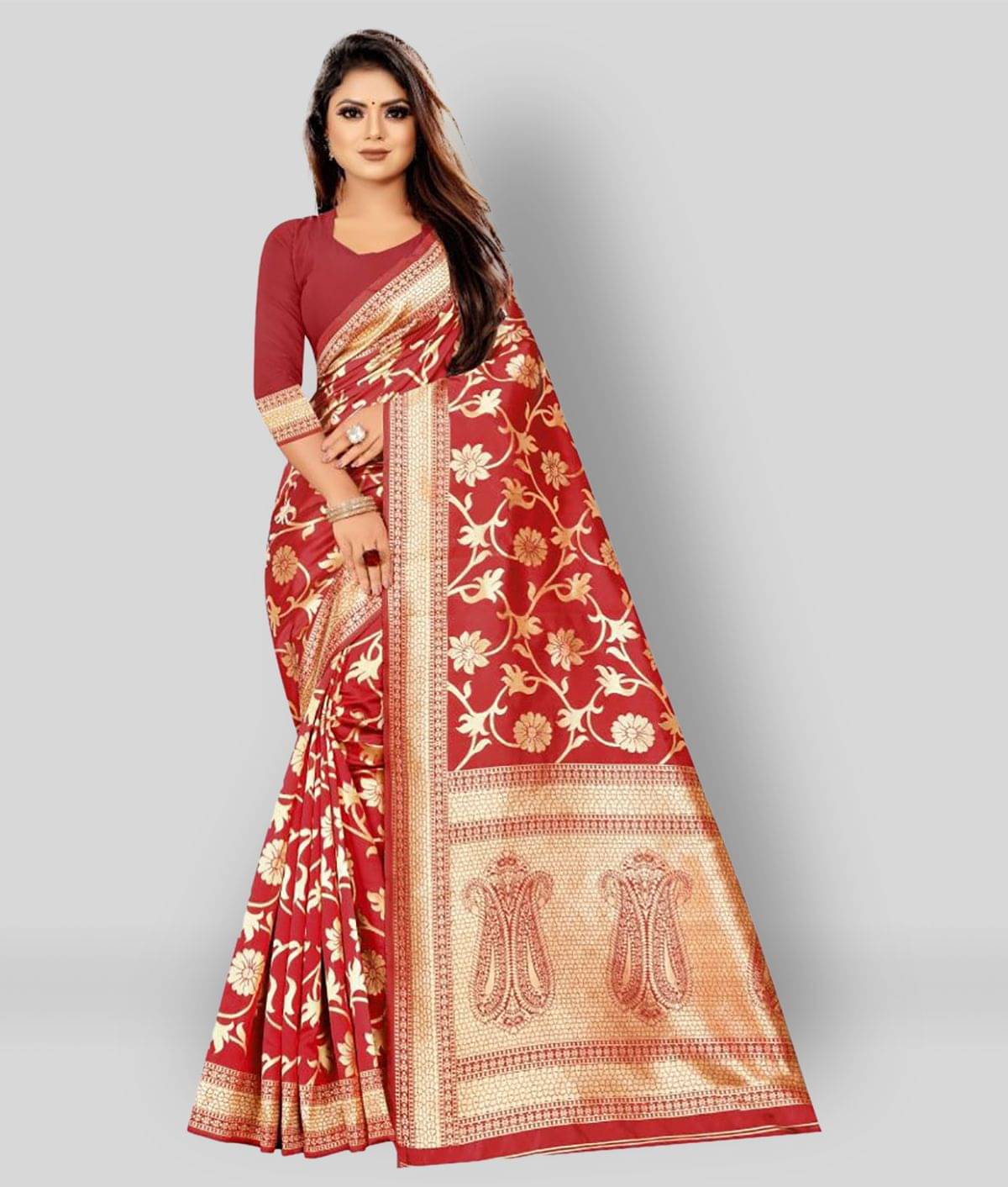     			Gazal Fashions Banarasi Silk Embroidered Saree With Unstitched Blouse Piece ( Red )