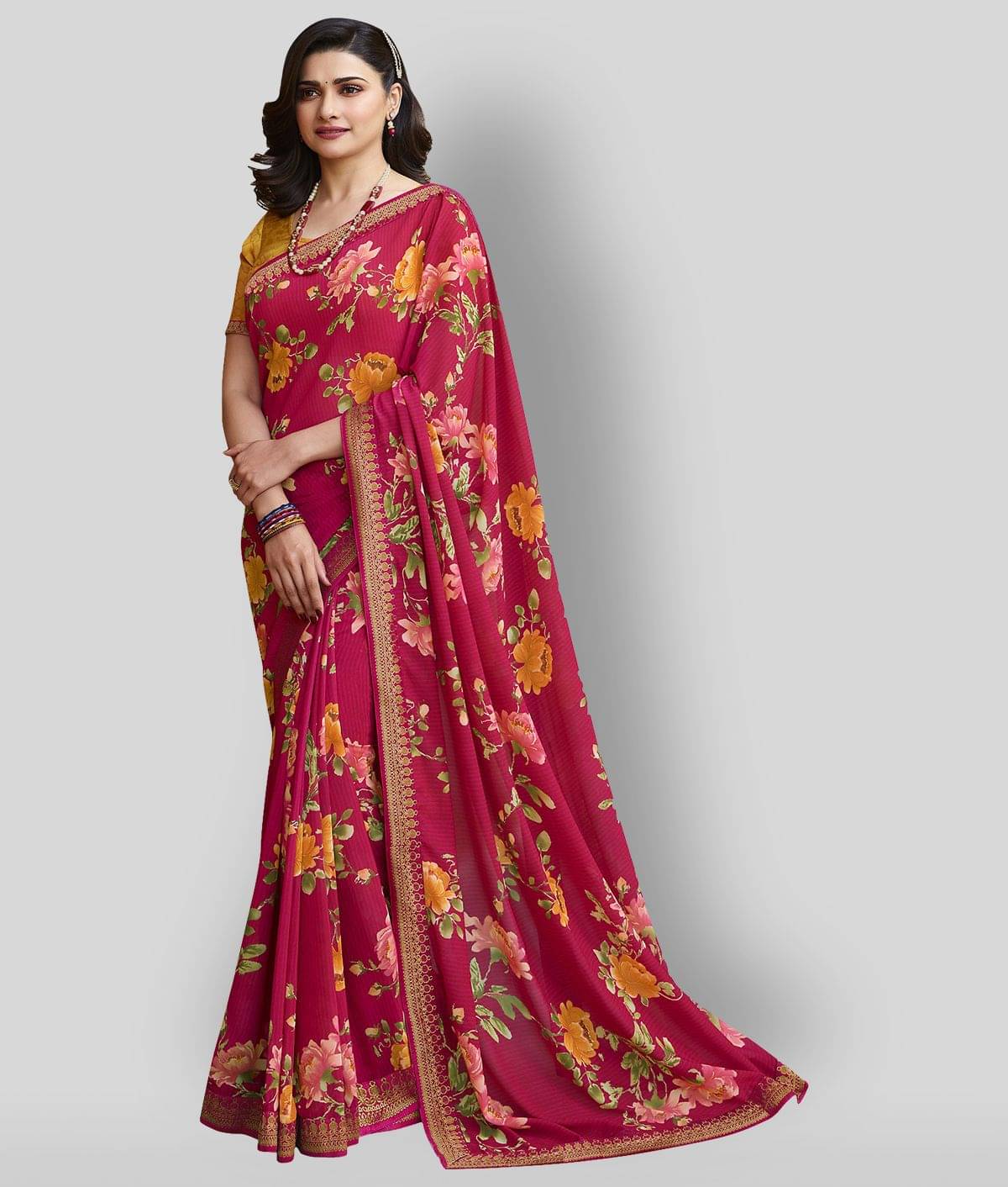Gazal Fashions Chiffon Printed Saree With Unstitched Blouse Piece ( Red ) Gazal Fashions Chiffon Printed Saree With Unstitched Blouse Piece ( Red )