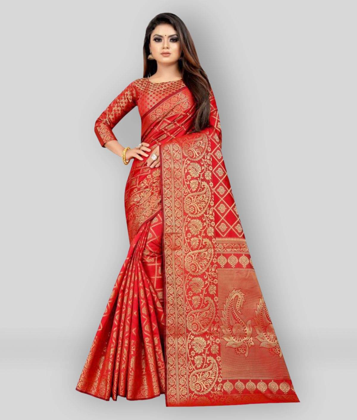Gazal Fashions Jacquard Printed Saree With Unstitched Blouse Piece ( Red ) Gazal Fashions Jacquard Printed Saree With Unstitched Blouse Piece ( Red )