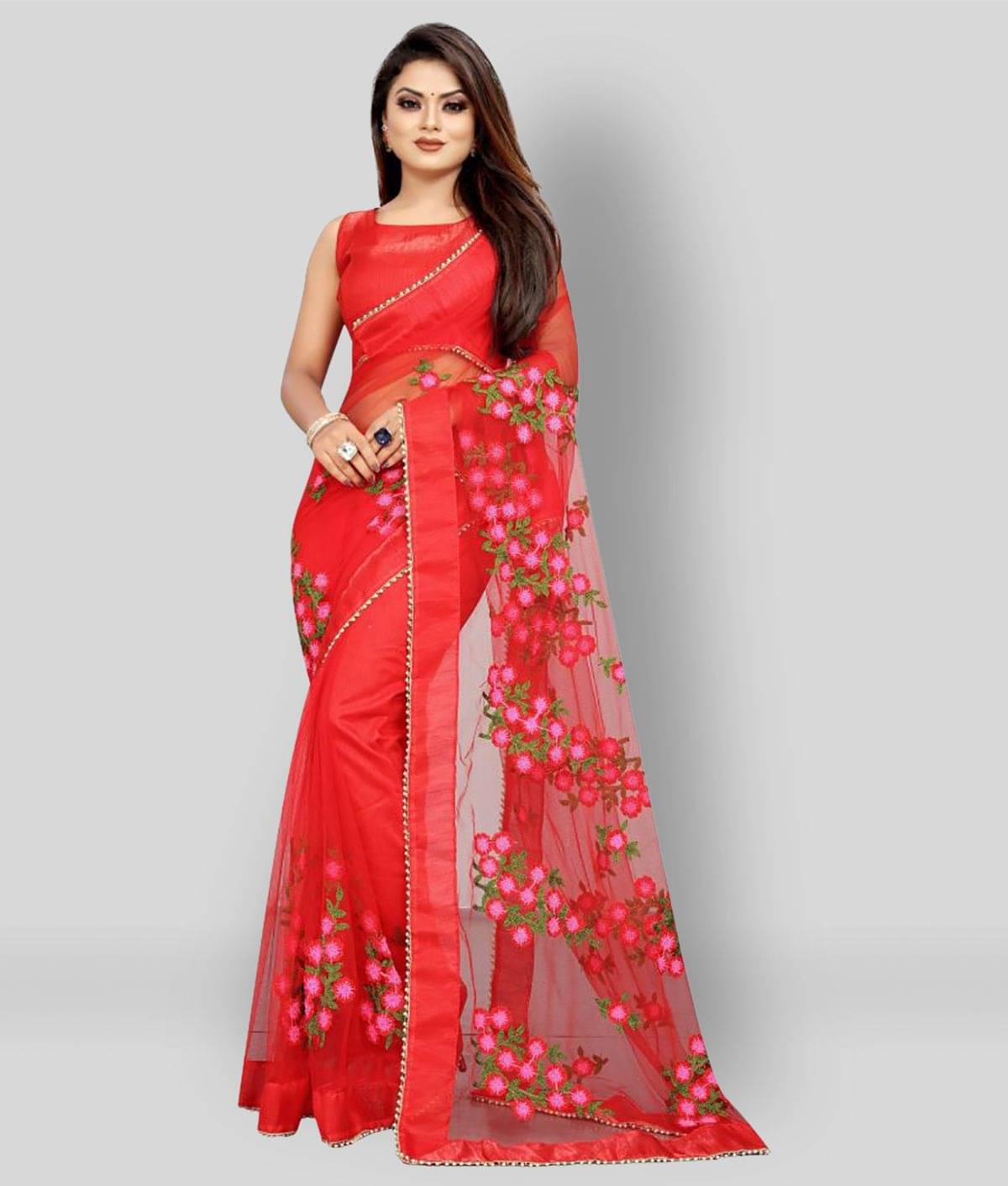     			Gazal Fashions Net Self Design Saree With Unstitched Blouse Piece ( Red )