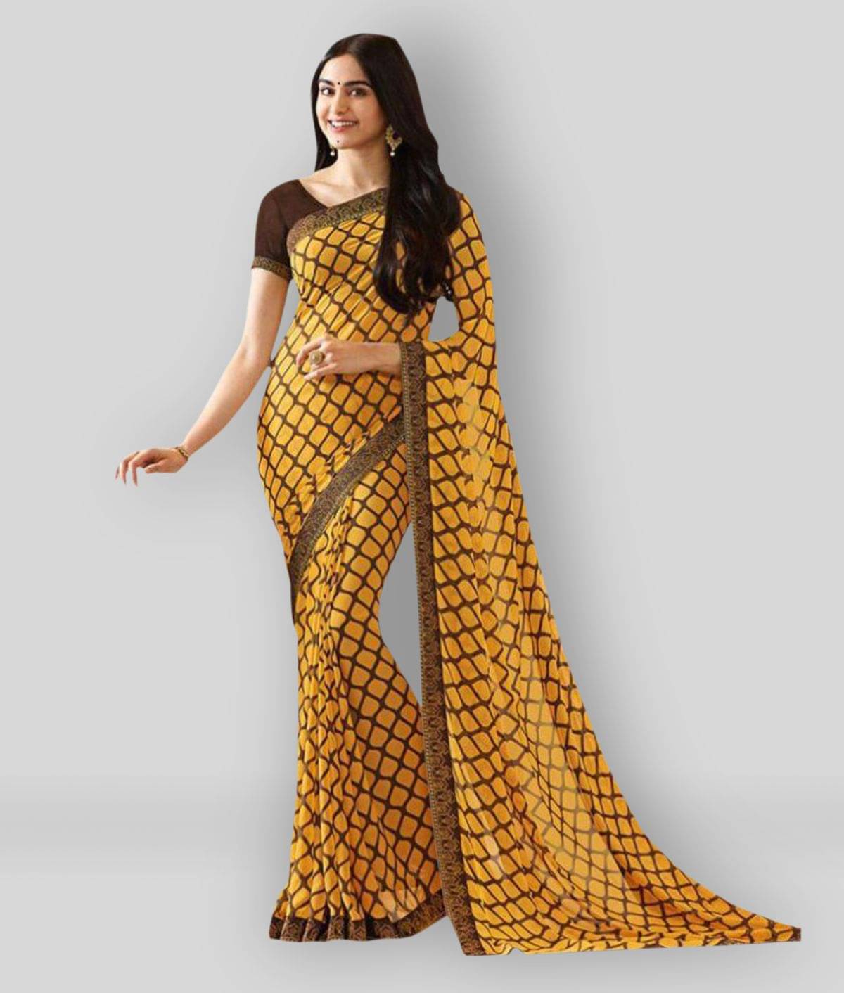 Gazal Fashions Chiffon Printed Saree With Unstitched Blouse Piece ( Yellow ) Gazal Fashions Chiffon Printed Saree With Unstitched Blouse Piece ( Yellow )