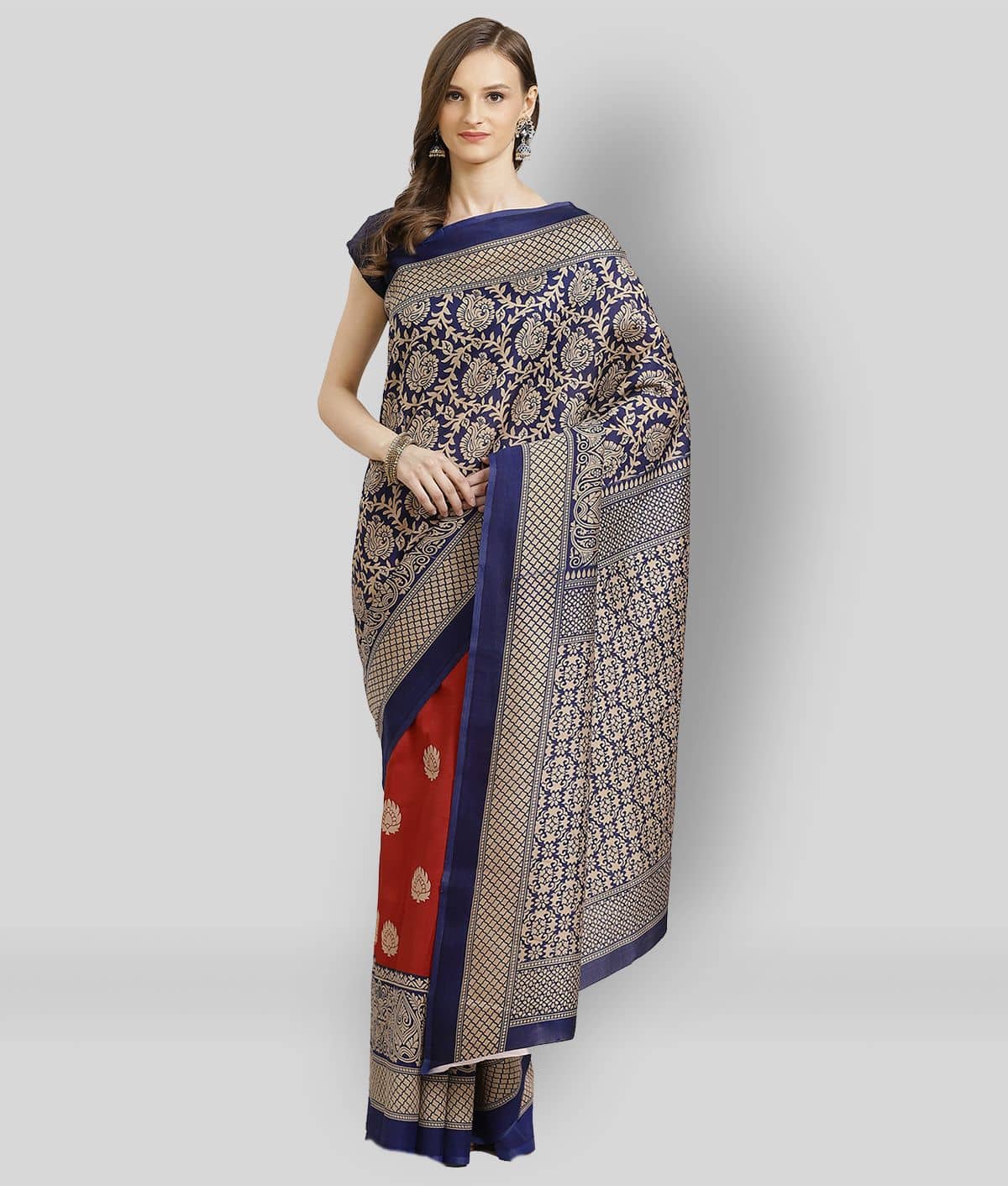 Grubstaker Art Silk Printed Saree With Unstitched Blouse Piece ( Blue ) - Sarees | Buy online on ZillyBuy