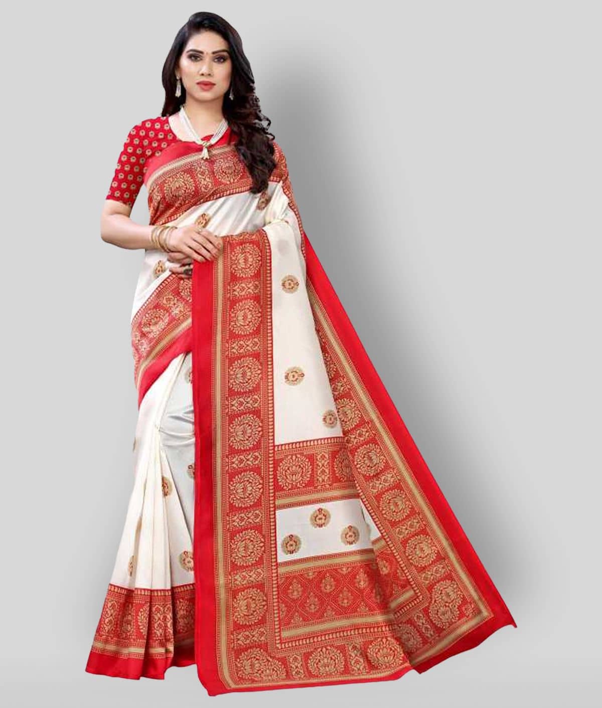 Grubstaker Art Silk Saree With Unstitched Blouse Piece ( White ) - Sarees | Buy online on ZillyBuy