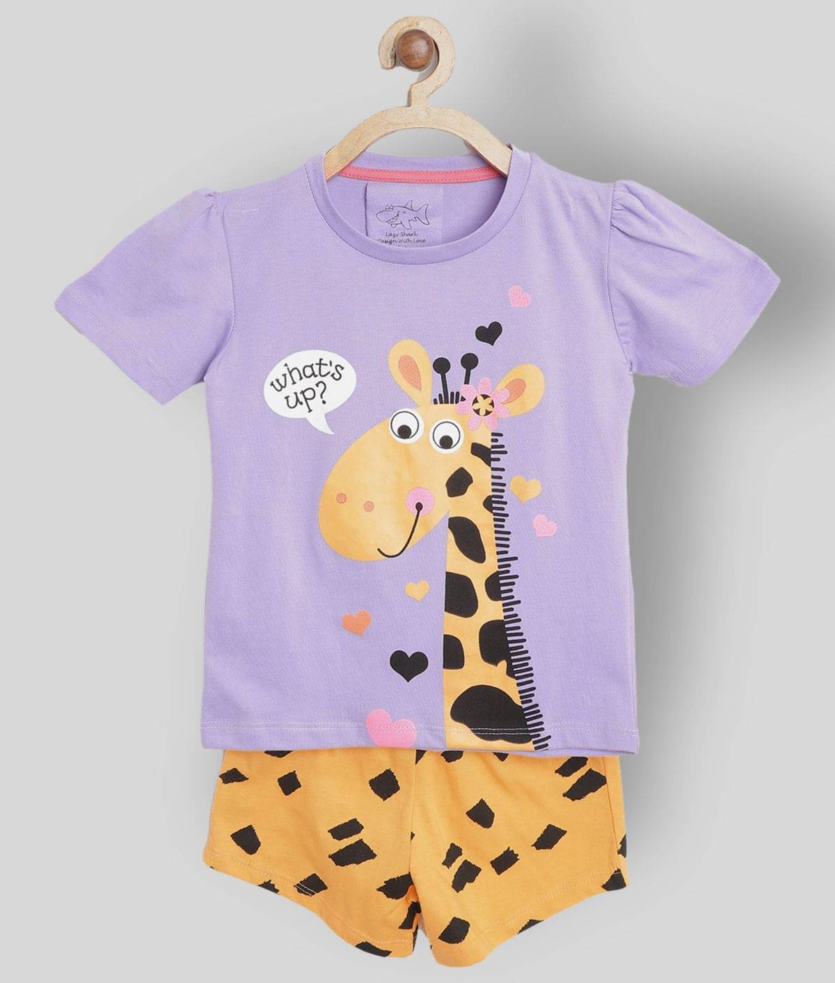Lazy Shark Pack of 1 Girls Cotton Blend T-shirt With Shorts ( Lavender )     			Lazy Shark Pack of 1 Girls Cotton Blend T-shirt With Shorts ( Lavender )