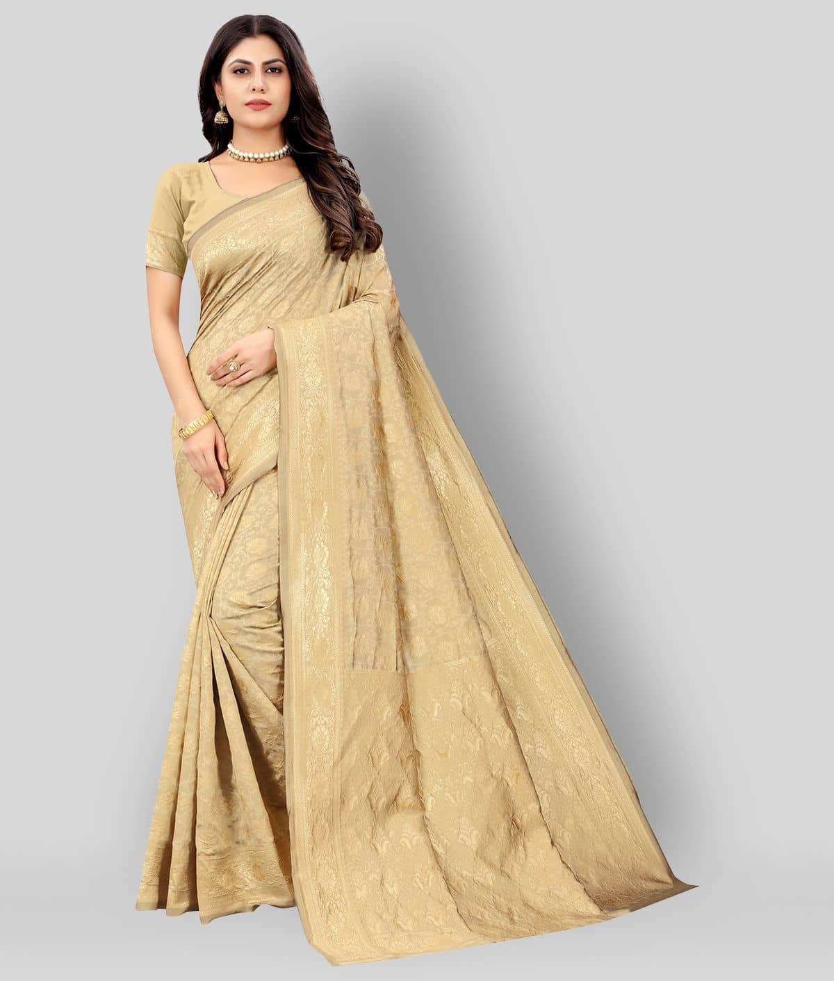 NENCY FASHION Banarasi Silk Saree With Unstitched Blouse Piece ( Beige ) - Sarees | Buy online on ZillyBuy