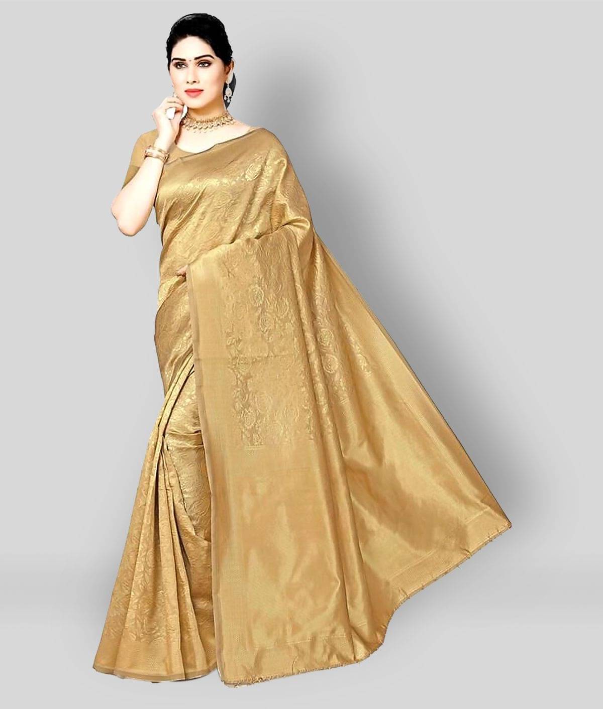     			NENCY FASHION Banarasi Silk Printed Saree With Unstitched Blouse Piece ( Gold )