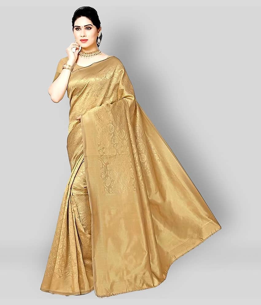 NENCY FASHION Banarasi Silk Printed Saree With Unstitched Blouse Piece ( Gold ) - Sarees | Buy online on ZillyBuy