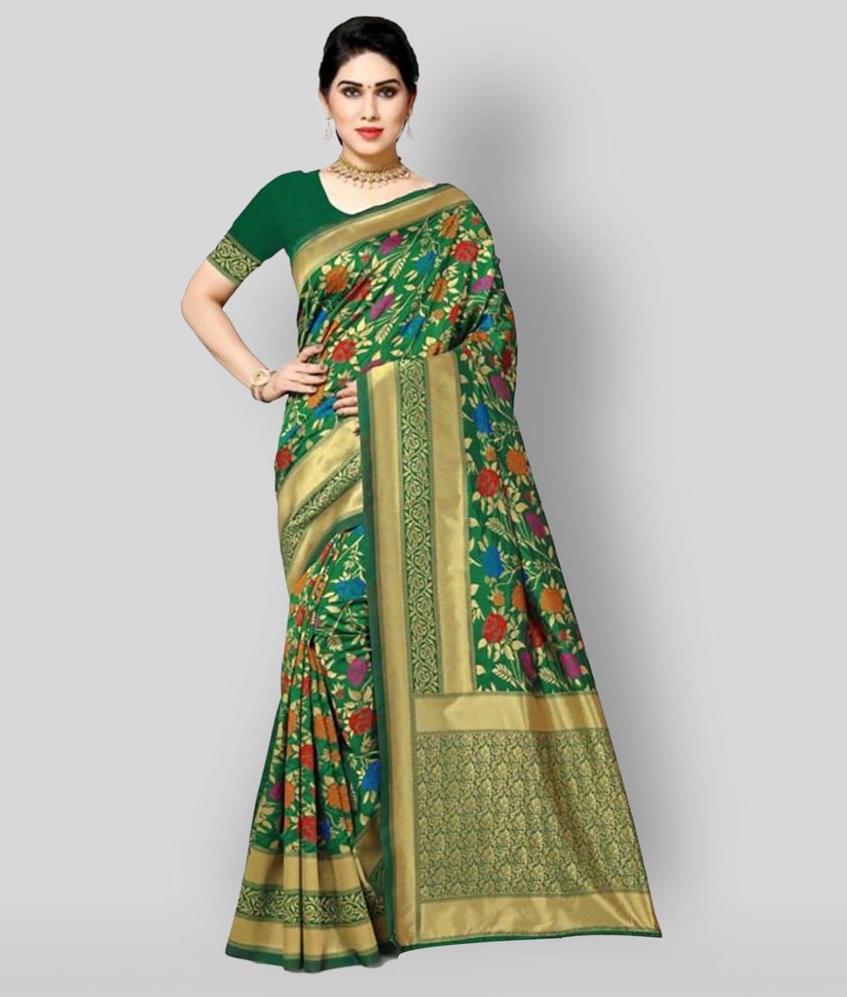 NENCY FASHION Banarasi Silk Printed Saree With Unstitched Blouse Piece ( Green )     			NENCY FASHION Banarasi Silk Printed Saree With Unstitched Blouse Piece ( Green )