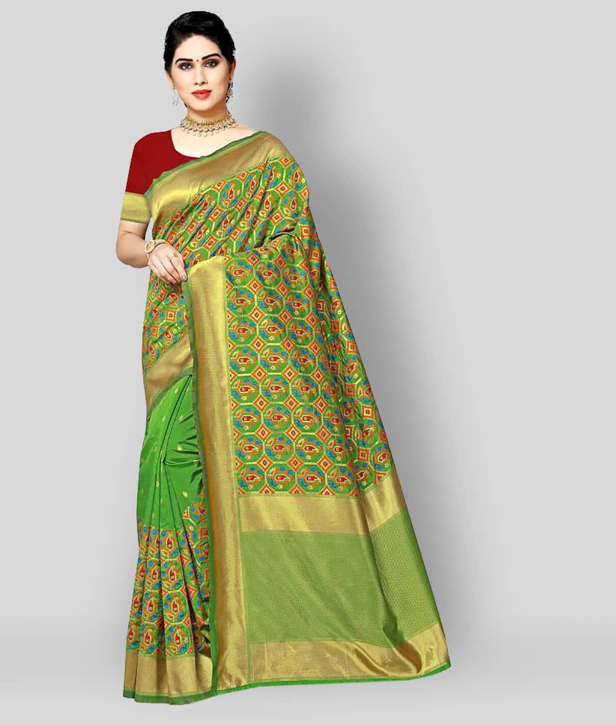 NENCY FASHION Banarasi Silk Printed Saree With Unstitched Blouse Piece ( Green ) - Sarees | Buy online on ZillyBuy