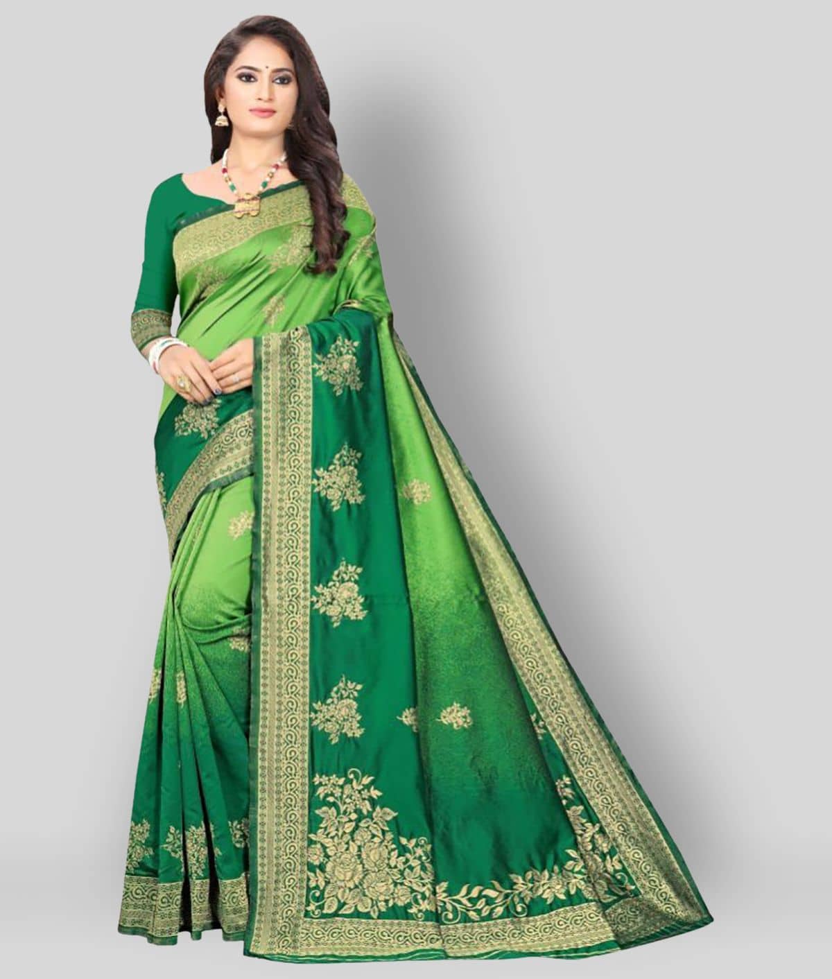 NENCY FASHION Banarasi Silk Printed Saree With Unstitched Blouse Piece ( Green ) - Sarees | Buy online on ZillyBuy