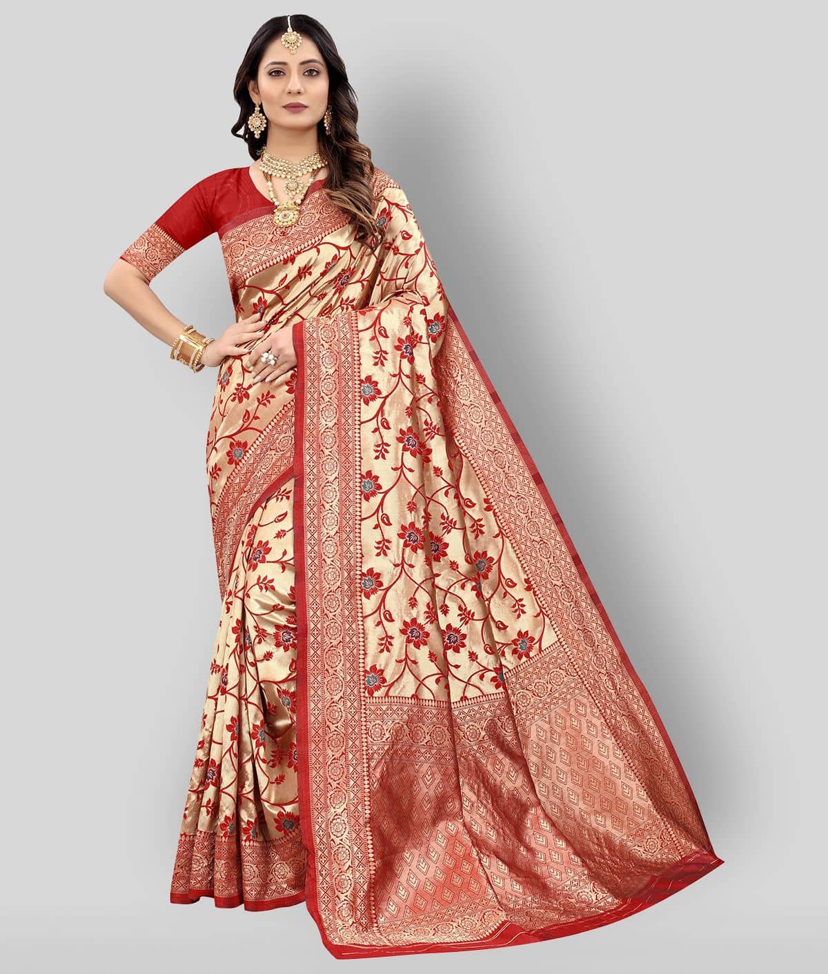 NENCY FASHION Banarasi Silk Saree With Stitched Blouse ( Red ) - Sarees | Buy online on ZillyBuy