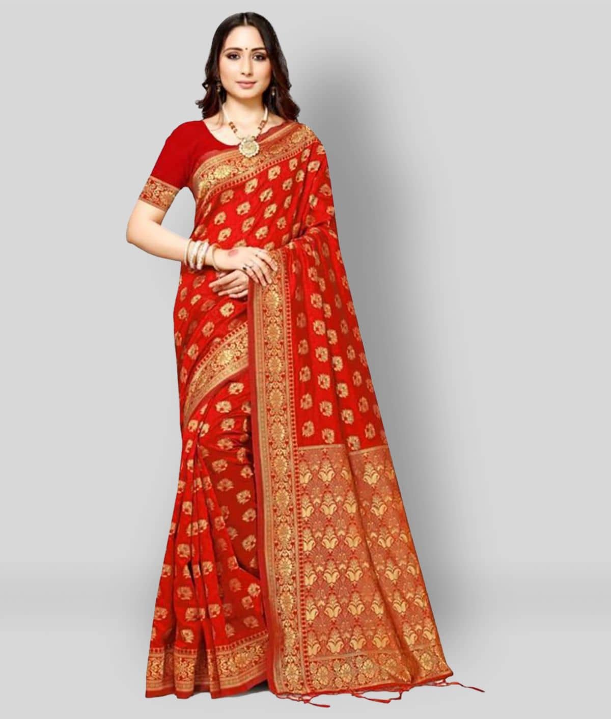 NENCY FASHION Banarasi Silk Embellished Saree With Unstitched Blouse Piece ( Red ) - Sarees | Buy online on ZillyBuy