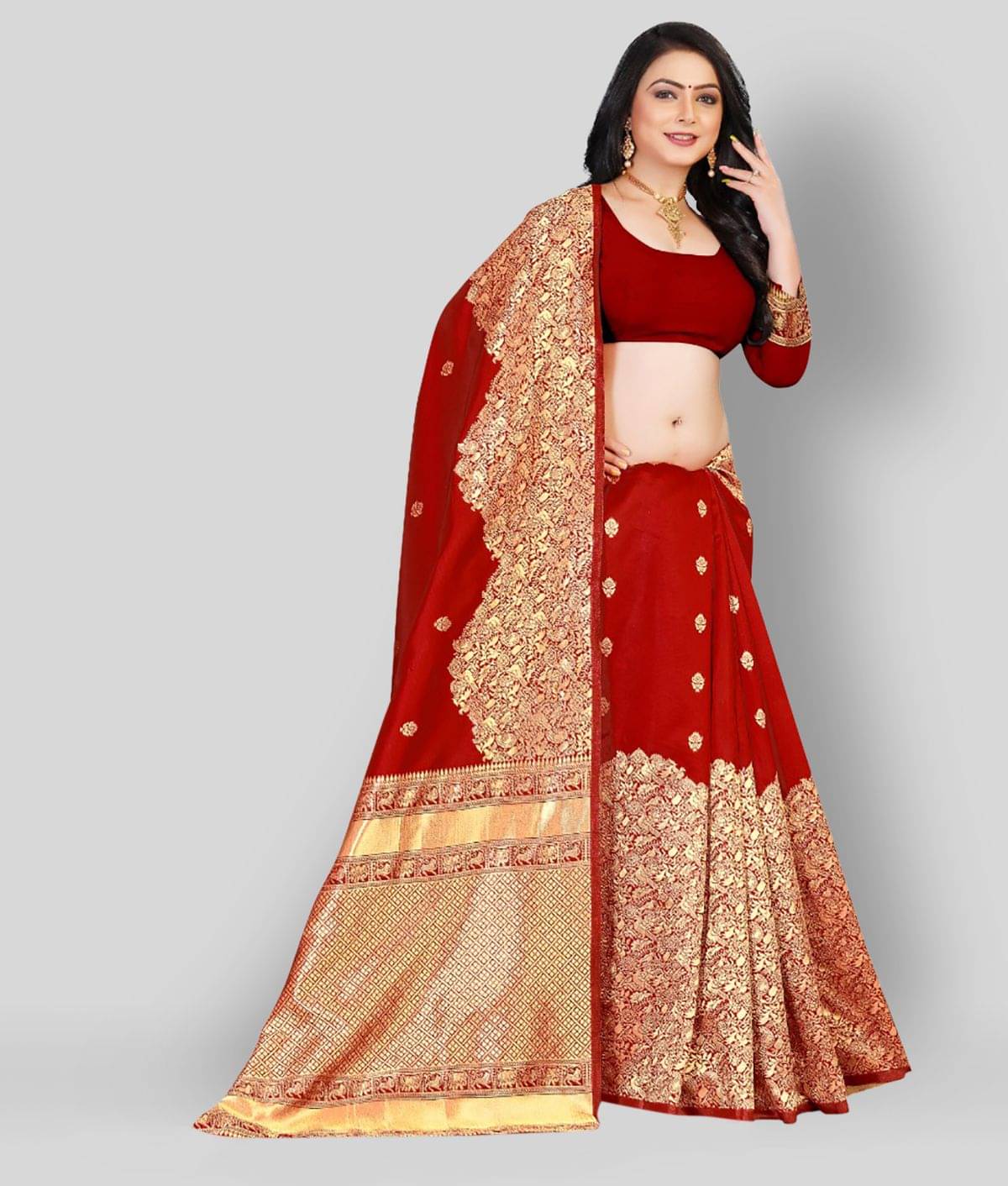 NENCY FASHIONS Banarasi Silk Embroidered Saree With Unstitched Blouse Piece ( Red ) NENCY FASHIONS Banarasi Silk Embroidered Saree With Unstitched Blouse Piece ( Red )