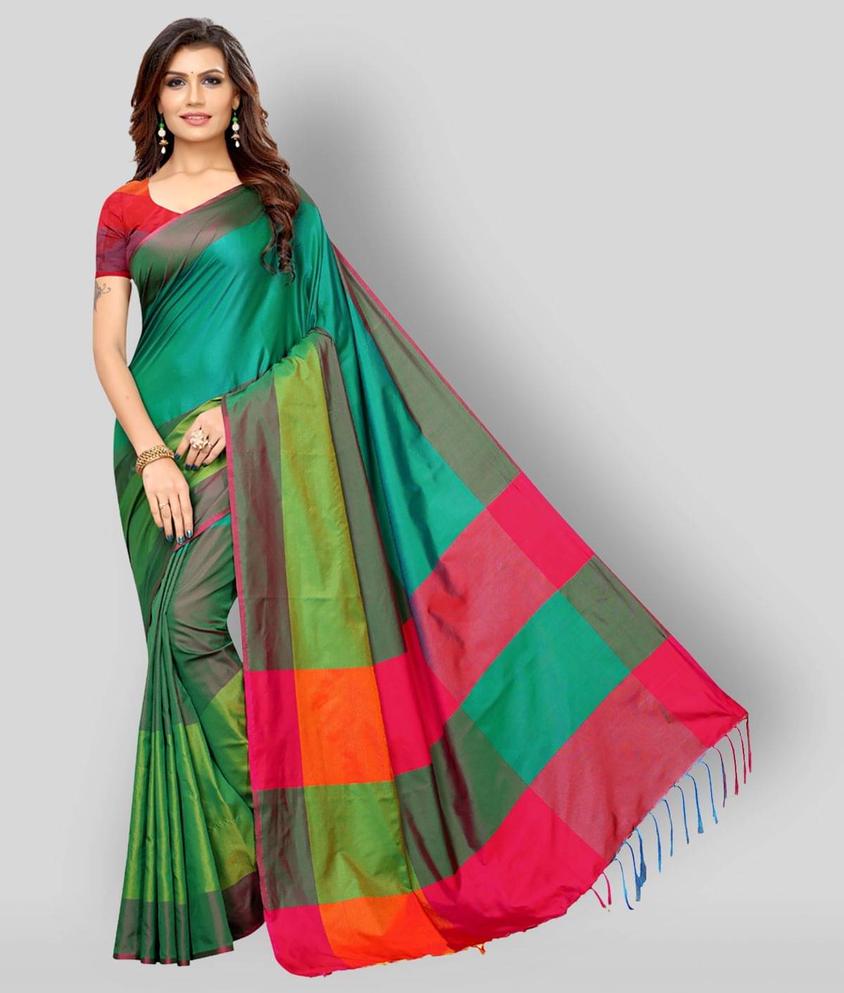     			NIGHT BLUE Cotton Linen Blend Saree With Unstitched Blouse Piece ( Green )