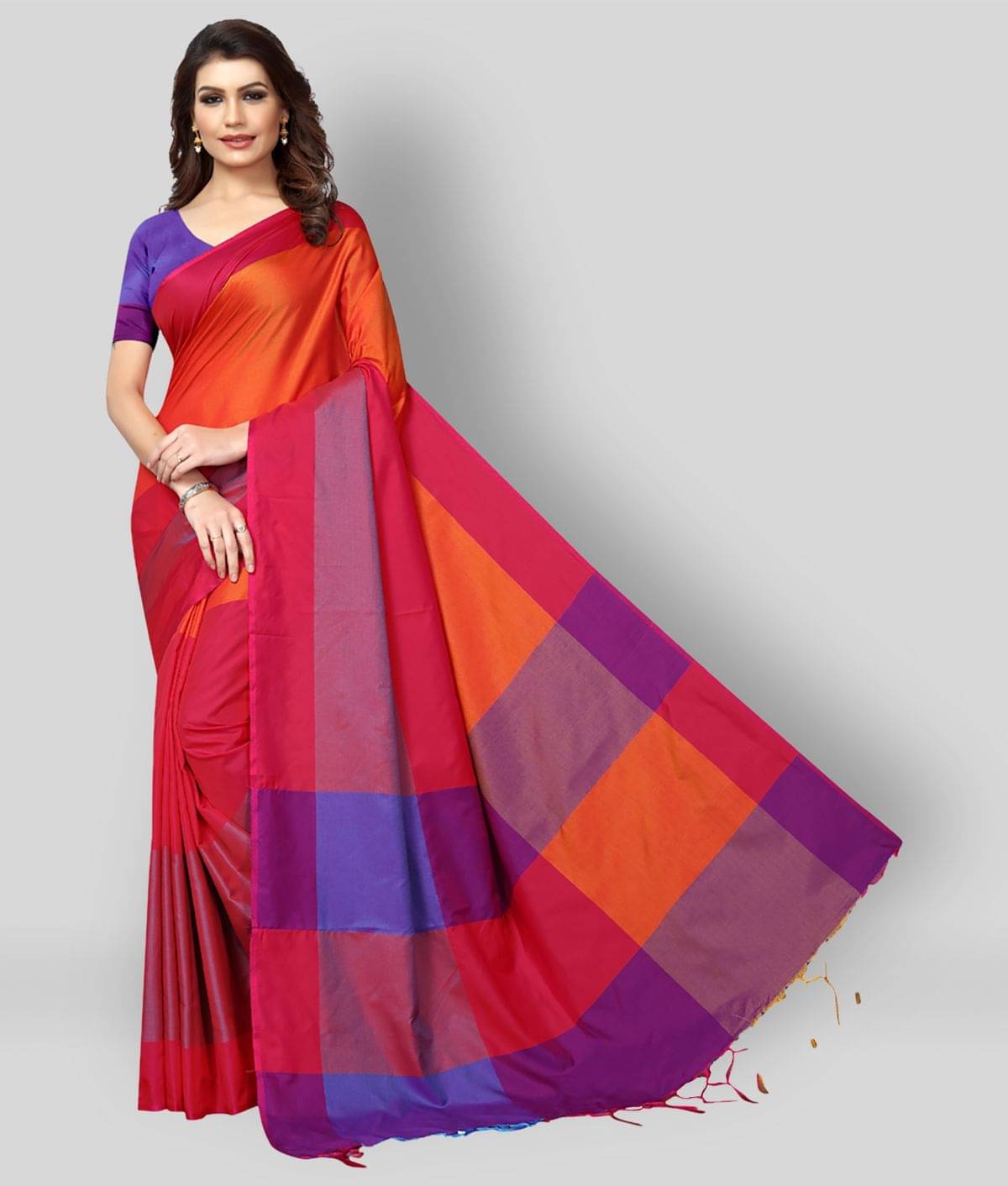 NightBlue Cotton Silk Saree With Unstitched Blouse Piece ( Red ) NightBlue Cotton Silk Saree With Unstitched Blouse Piece ( Red )