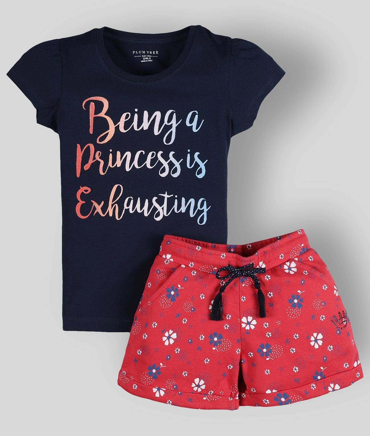 PLUM TREE Pack of 1 Girls 100% Cotton T-shirt With Shorts ( Black & Red ) PLUM TREE Pack of 1 Girls 100% Cotton T-shirt With Shorts ( Black & Red )