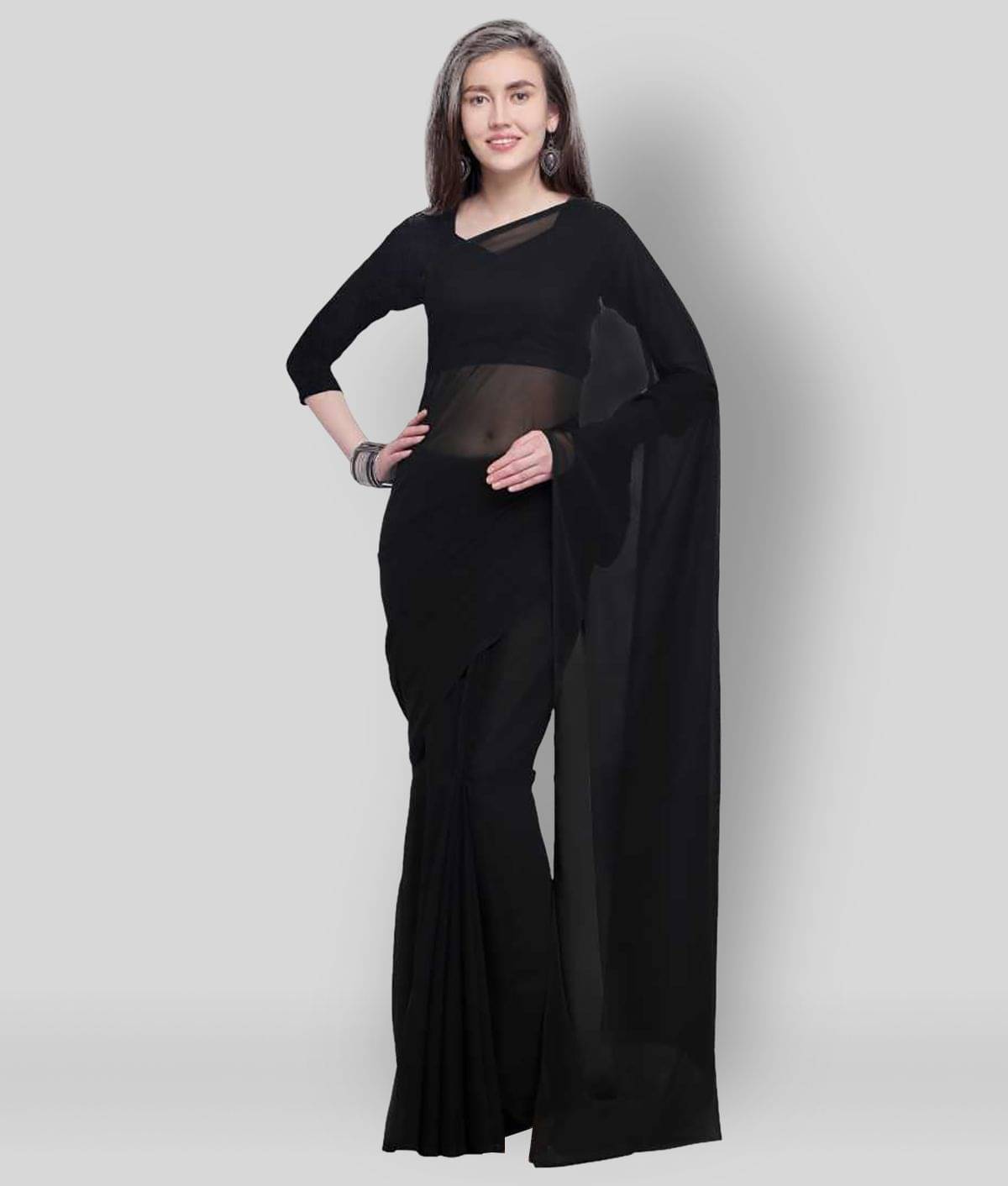     			ANAND SAREES Georgette Solid Saree With Unstitched Blouse Piece ( Black )