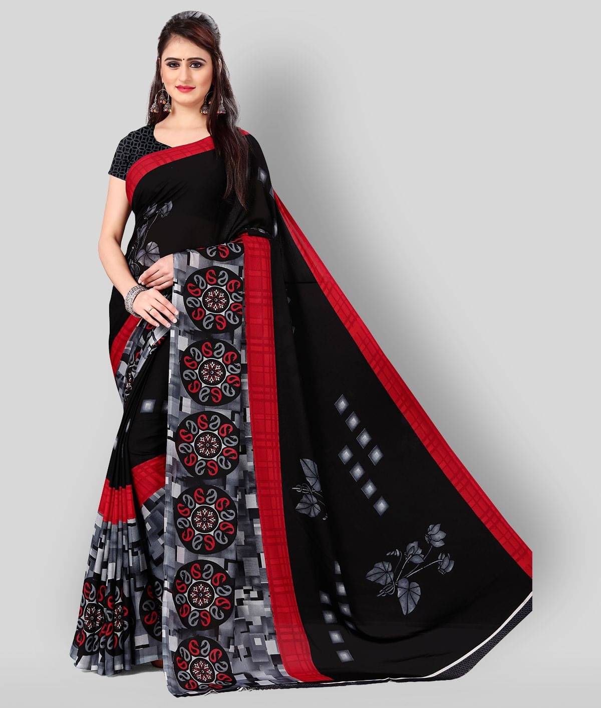 ANAND SAREES Georgette Printed Saree With Unstitched Blouse Piece ( Black ) ANAND SAREES Georgette Printed Saree With Unstitched Blouse Piece ( Black )