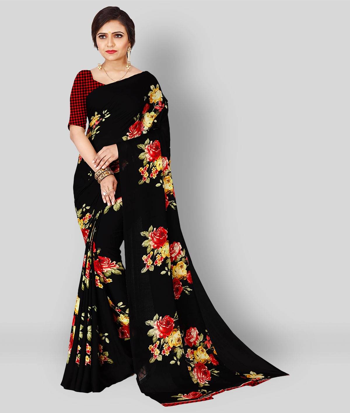 ANAND SAREES Georgette Saree With Unstitched Blouse Piece ( Black ) ANAND SAREES Georgette Saree With Unstitched Blouse Piece ( Black )