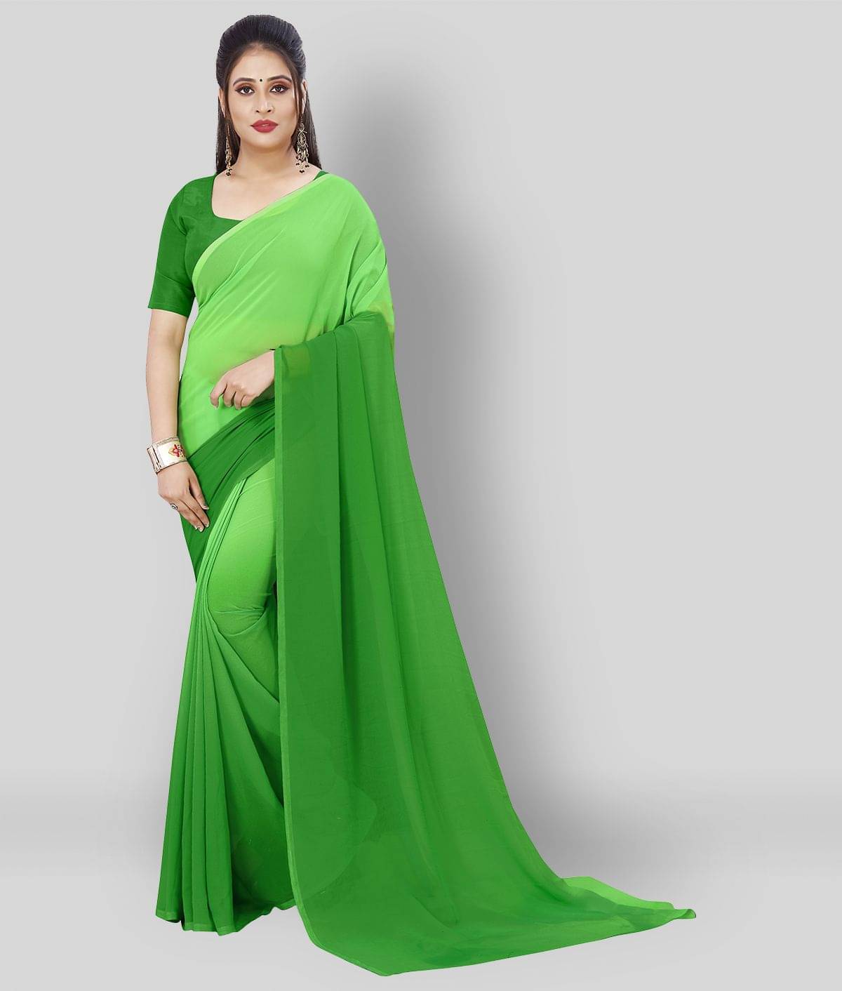ANAND SAREES Georgette Solid Saree With Unstitched Blouse Piece ( Green ) ANAND SAREES Georgette Solid Saree With Unstitched Blouse Piece ( Green )