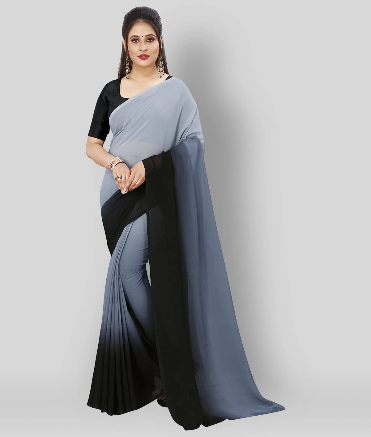 ANAND SAREES Georgette Solid Saree With Unstitched Blouse Piece ( Blue ) - Sarees | Buy online on ZillyBuy