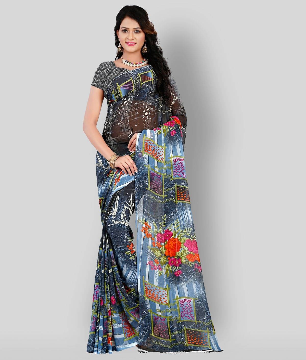     			Kashvi Sarees Georgette Printed Saree With Unstitched Blouse Piece ( Light Grey )