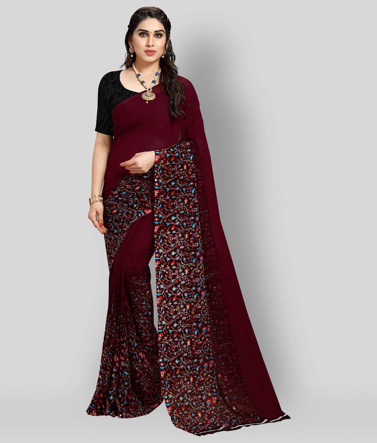 ANAND SAREES Georgette Printed Saree With Unstitched Blouse Piece ( Maroon ) ANAND SAREES Georgette Printed Saree With Unstitched Blouse Piece ( Maroon )