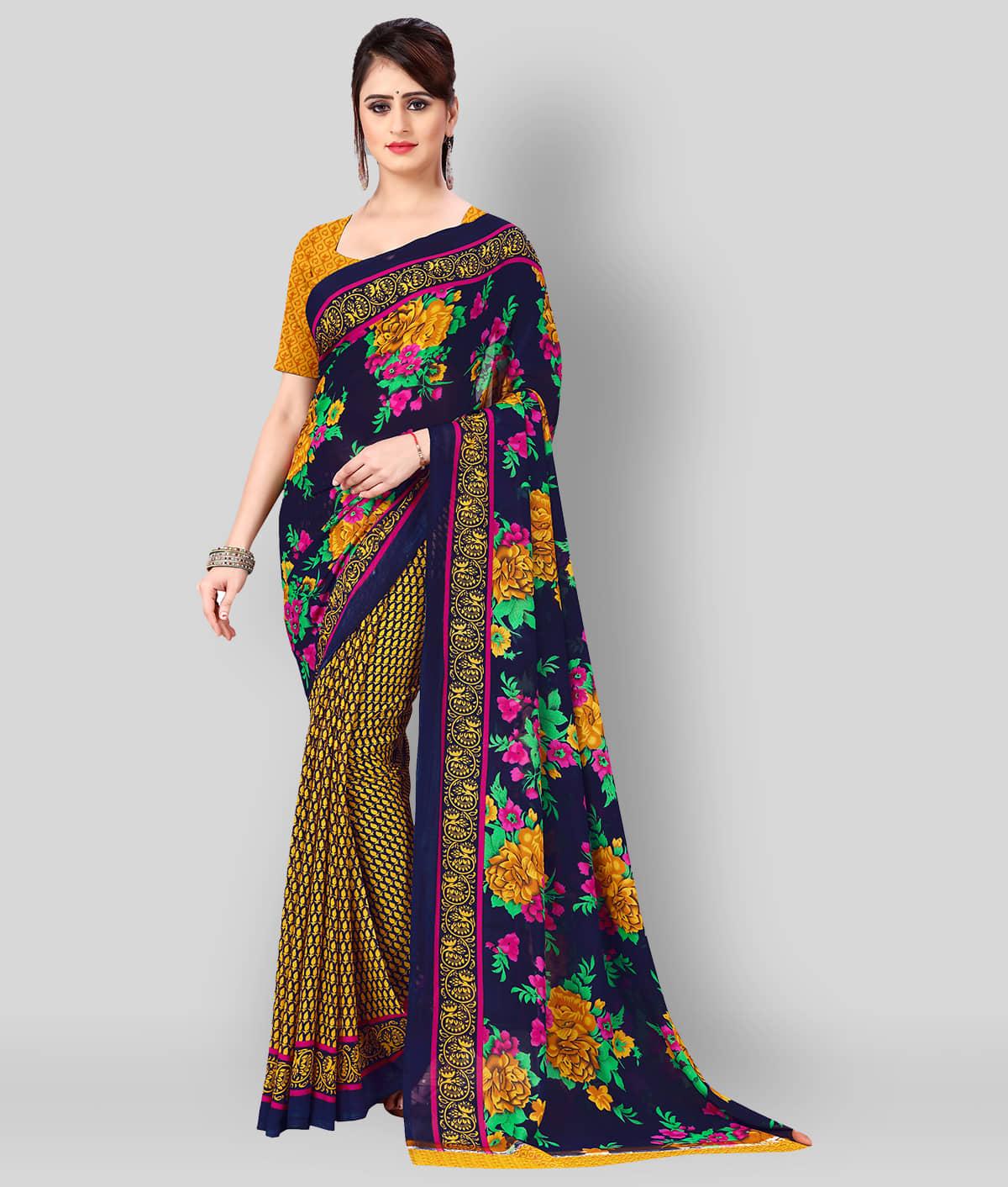 ANAND SAREES Georgette Printed Saree With Unstitched Blouse Piece ( Multicolor ) - Sarees | Buy online on ZillyBuy