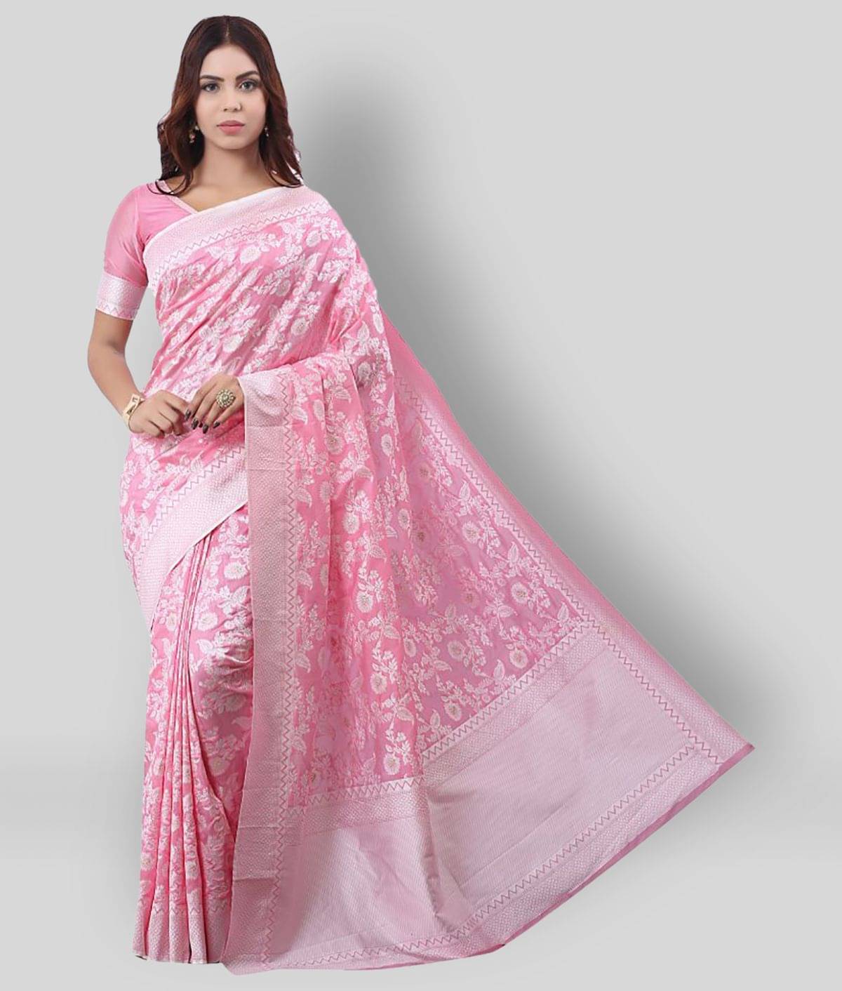    			Dressy Banarasi Silk Printed Saree With Unstitched Blouse Piece ( Pink )