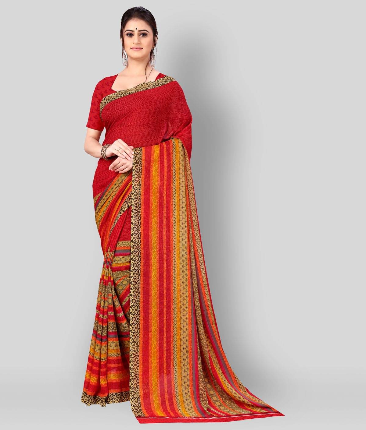 ANAND SAREES Georgette Printed Saree With Unstitched Blouse Piece ( Red ) ANAND SAREES Georgette Printed Saree With Unstitched Blouse Piece ( Red )