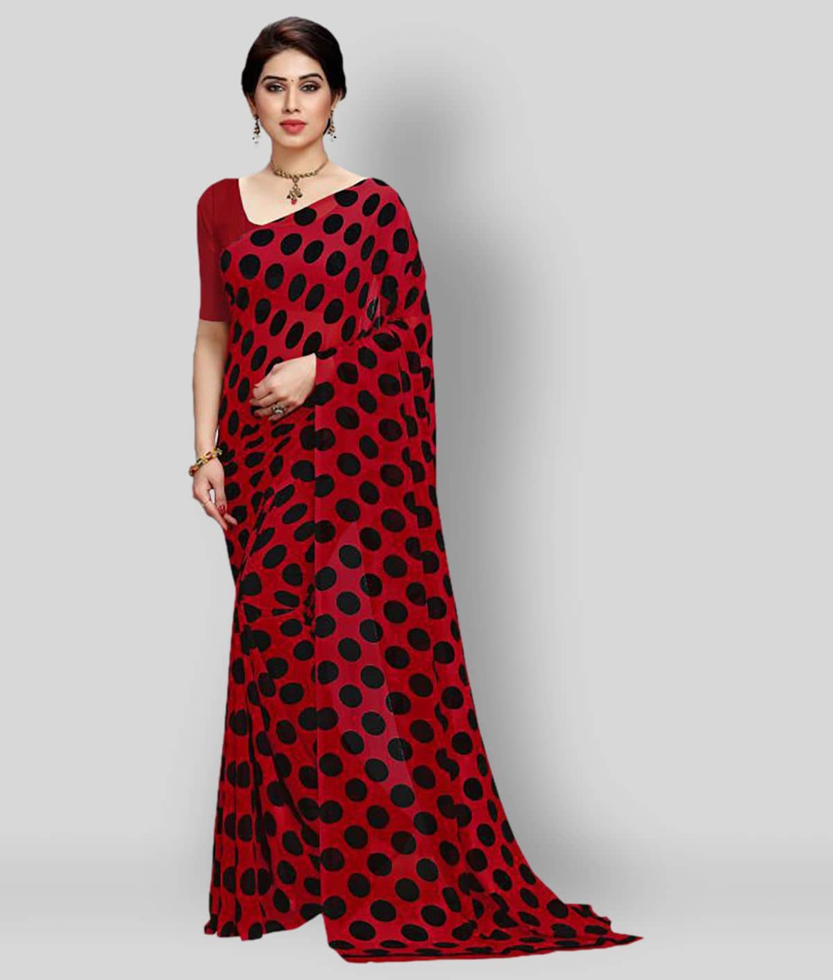 ANAND SAREES Georgette Printed Saree With Unstitched Blouse Piece ( Red ) - Sarees | Buy online on ZillyBuy