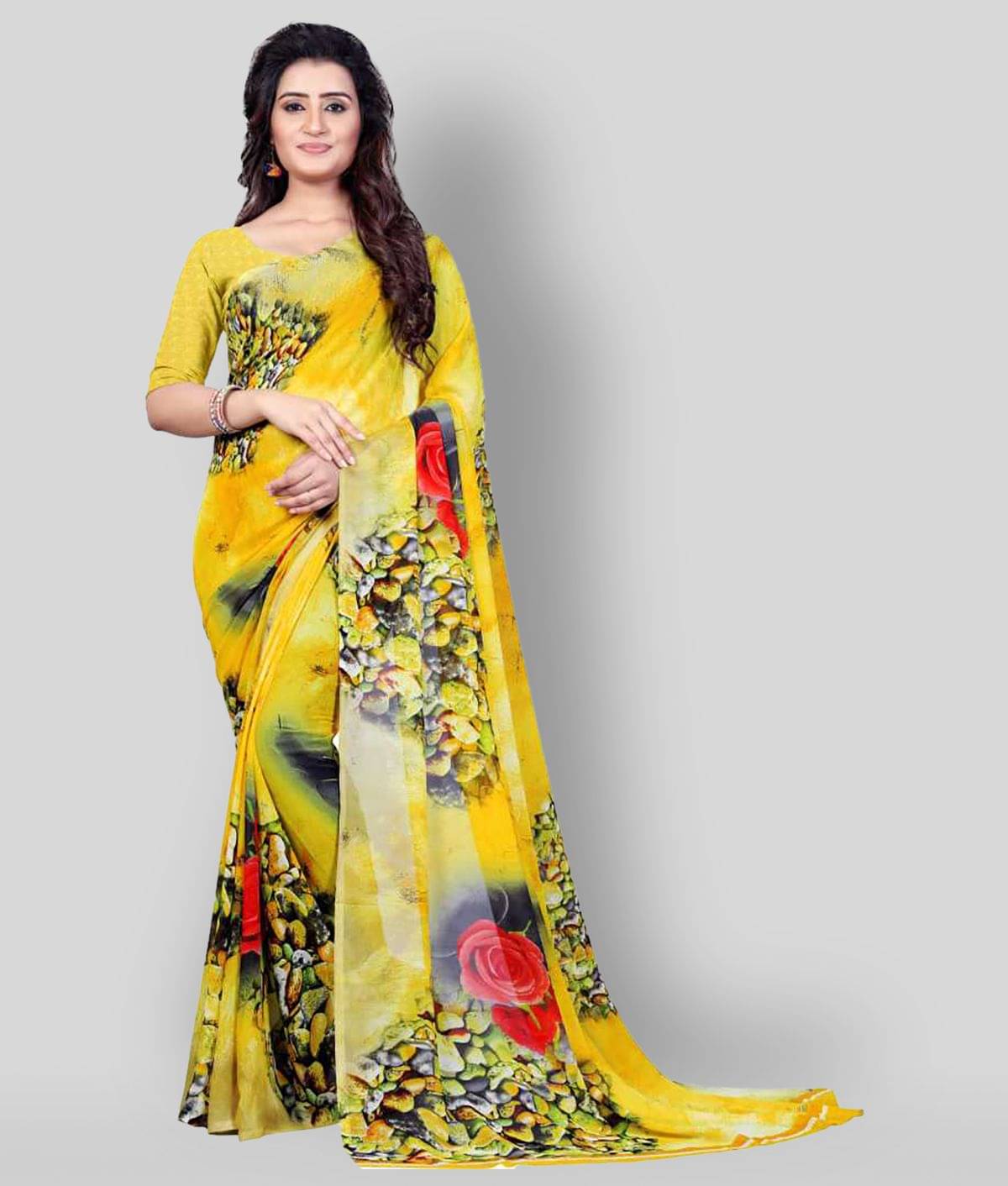     			ANAND SAREES Georgette Printed Saree With Unstitched Blouse Piece ( Yellow )