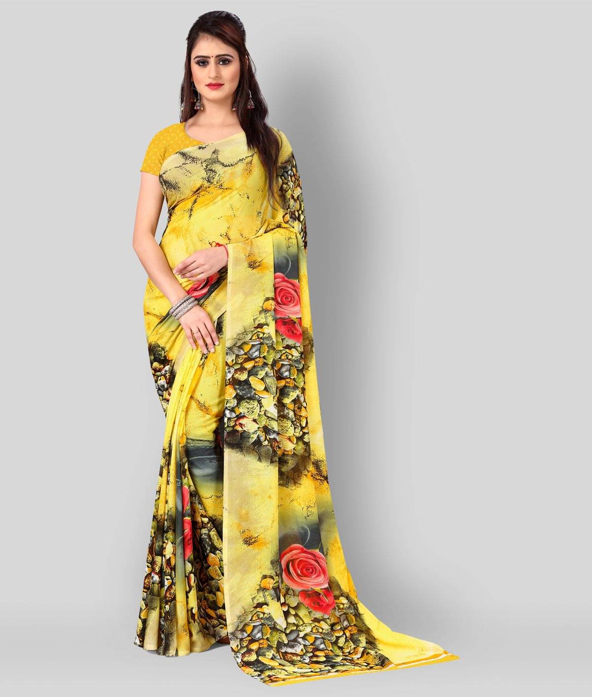     			ANAND SAREES Georgette Printed Saree With Unstitched Blouse Piece ( Yellow )