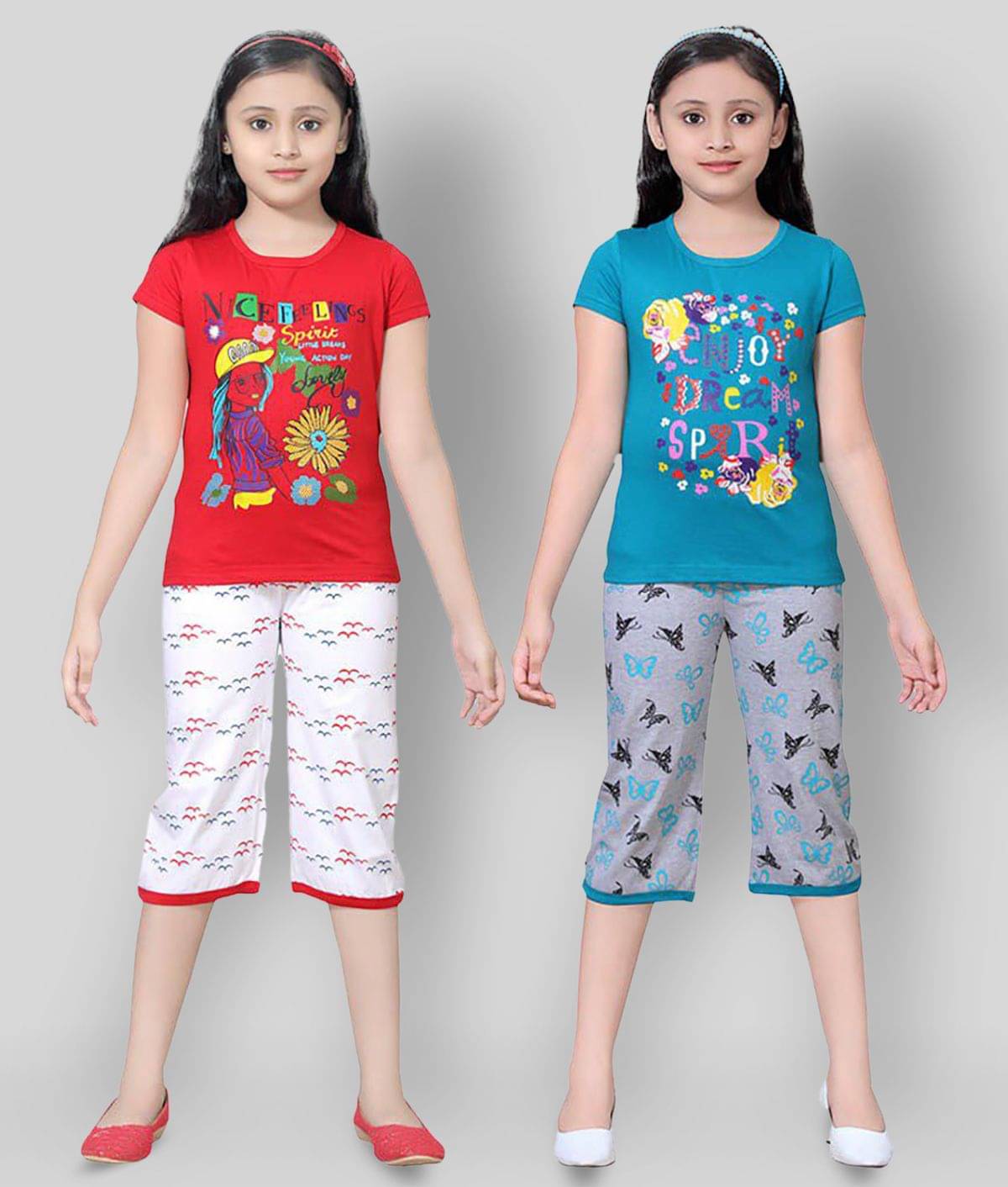     			Sini Mini Pack of 2 Girls 100% Cotton Top With Shorts ( Multi )